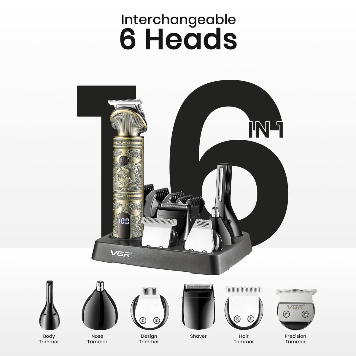 VGR V-106 Professional 6-in-1 Men’s Grooming Kit, Includes Hair Clipper, Shaver, Nose & Body Groomer, 180-Min Runtime, 1200mAh Lithium Battery, USB Fast Chargin