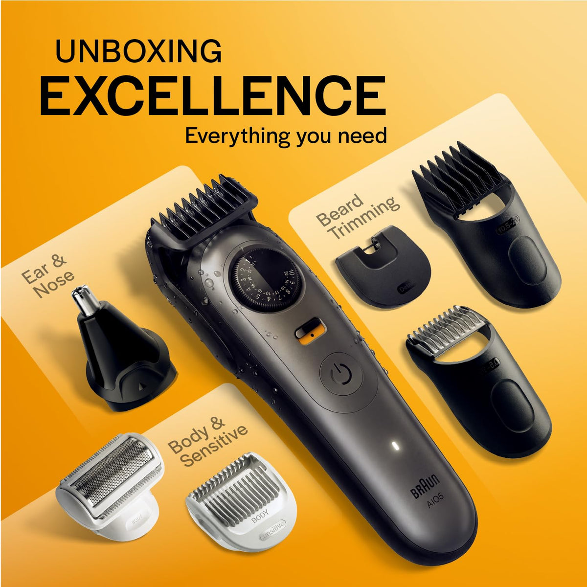 Gillette Series 5 All-in-One Beard & Body Trimmer for Man (by Braun) | 40 length settings for Face, Body, Head & Private Parts | Sensitive Body Comb for body gr