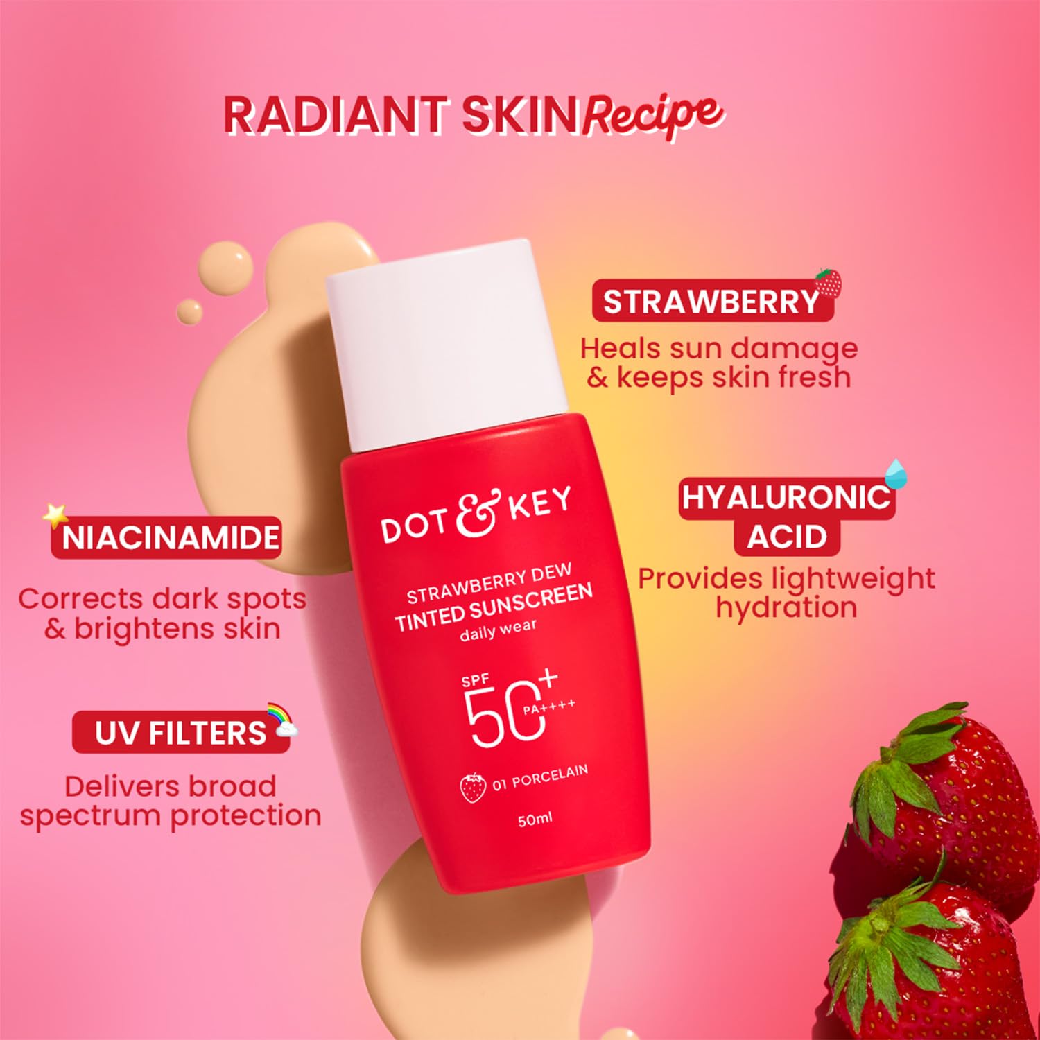 Dot & Key Strawberry Dew Tinted Sunscreen In-Vivo Tested SPF 50+ PA++++ With New-Age UV Filters, Brightens & Protects Skin, Ultra-light, Blends Easily, With Niacinamide, Natural Finish, Non-Sticky| 50ml