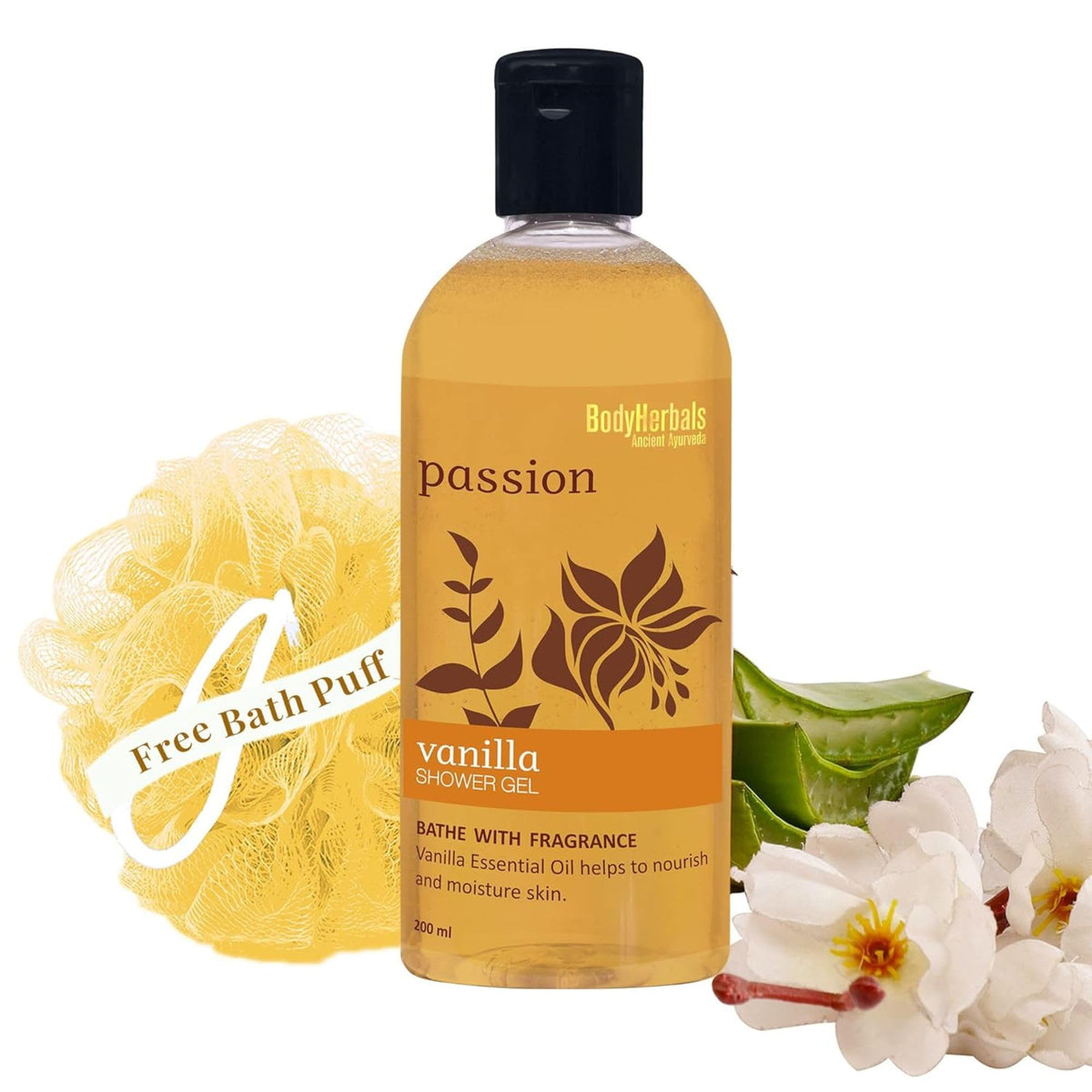 BodyHerbals Vanilla Shower Gel Passion (200 ml) Aloevera & Seabuckthorn For Soft, Smooth & Radiant Glow | 100% Vegan & Paraben Free | Bath Gel For Women & Men |