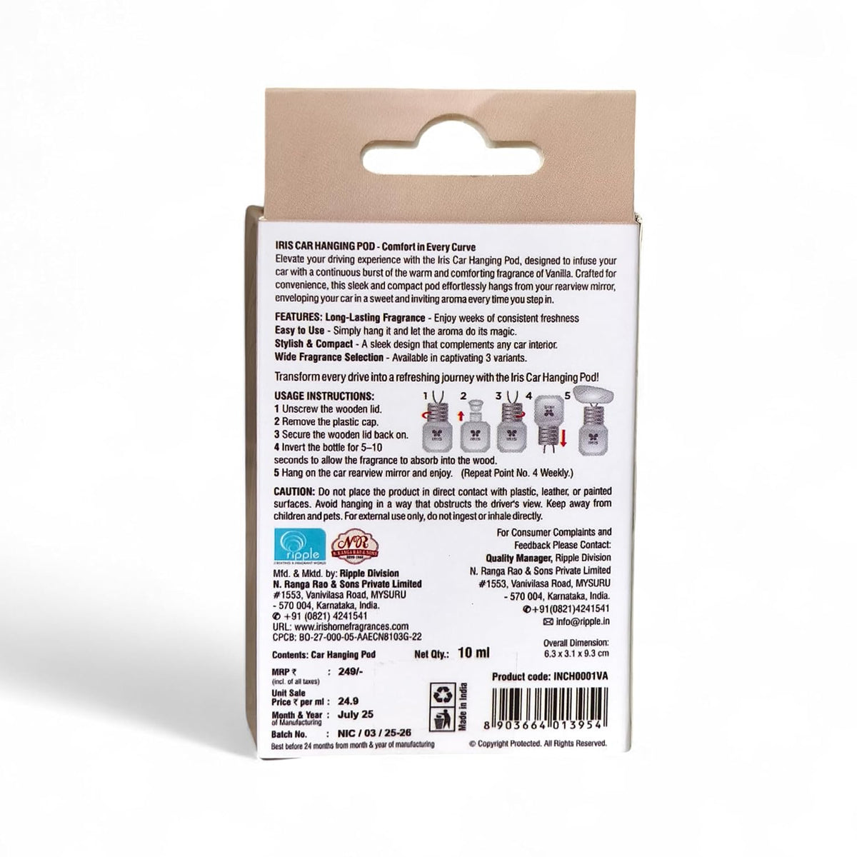 IRIS Car Hanging Pod Air Freshener – Vanilla | 10ml | Compact design, Consistent Aroma - lasts up to 30 days