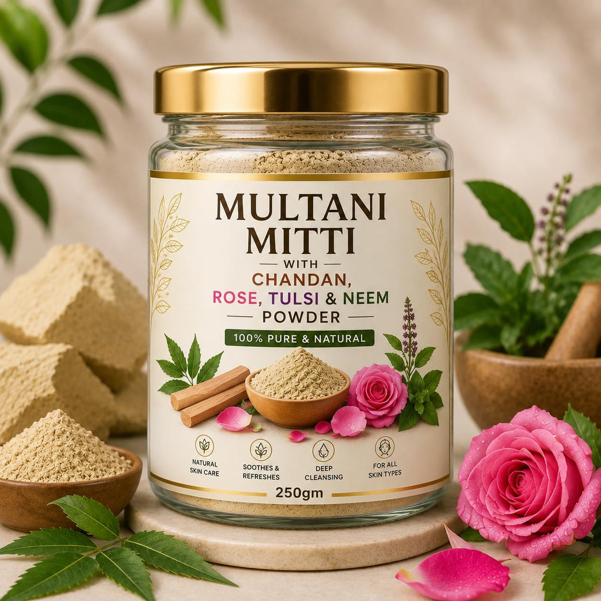 Face pack of natural Multani Mitti with aleo vera and rose, chandan powder 400 gm, Natural Skin Care, Face Pack, Oil Control, Glow, 100% Natural + Pure Fuller's