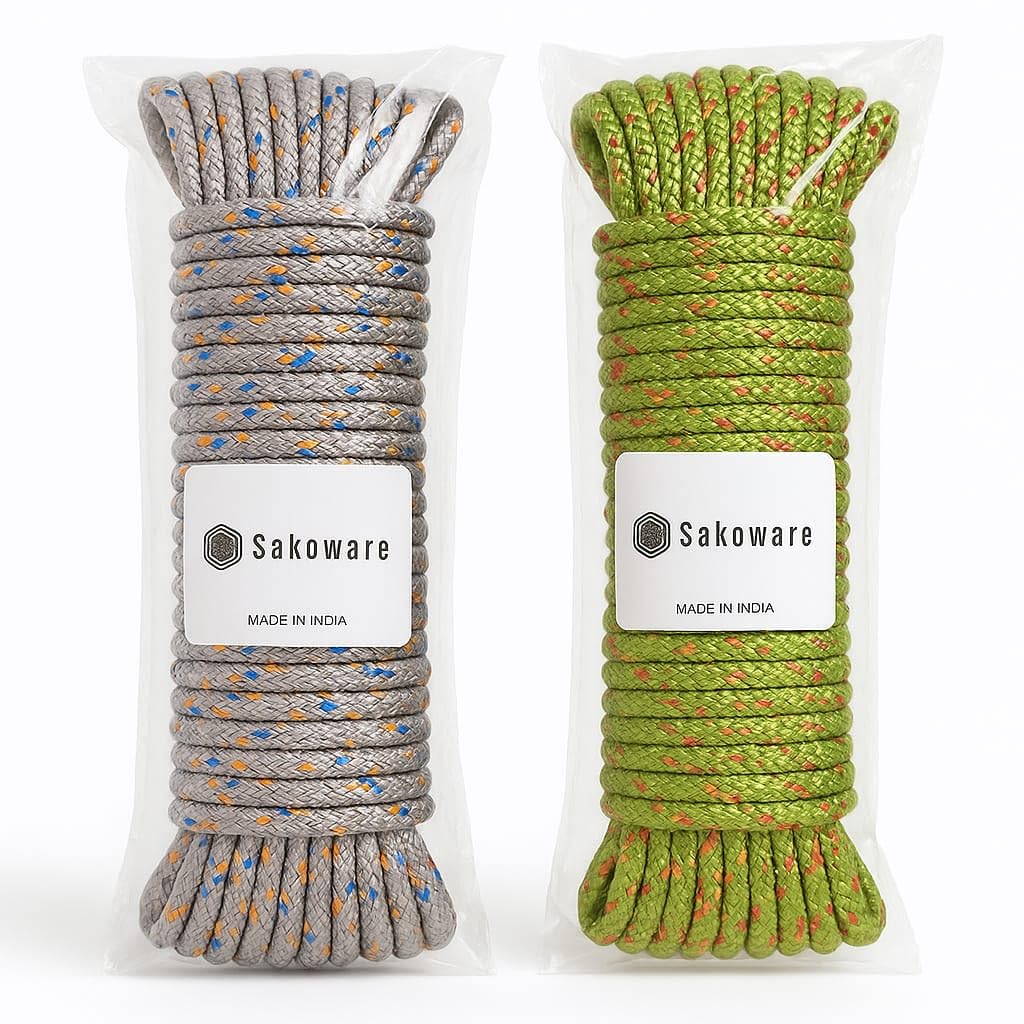 Sakoraware Cloth Line for Drying Clothes | Nylon Braided Cotton Rope 20 Mtr Pack of 2 Durable Strong and Flexible for Outdoor Indoor Use Perfect for Hanging Lau