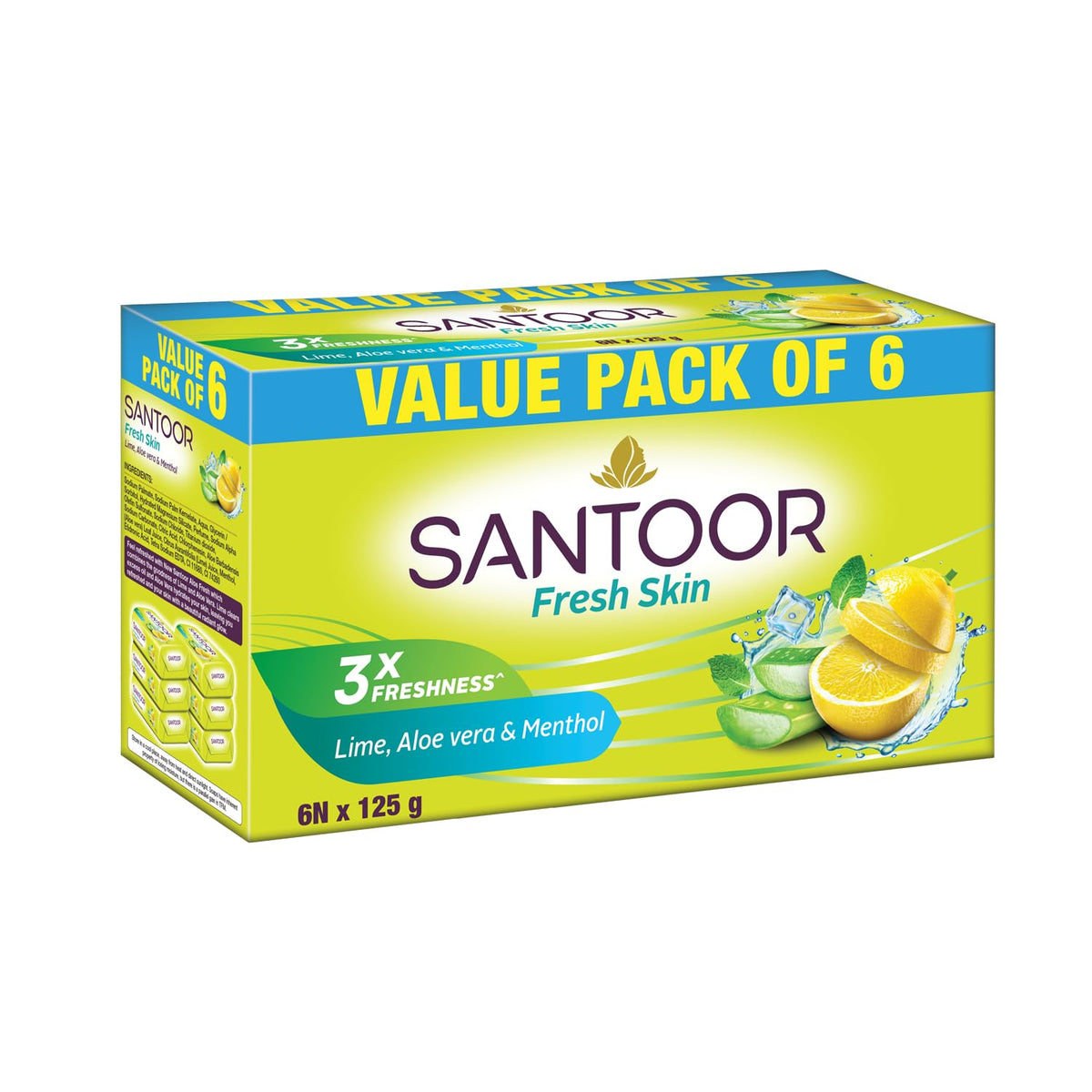 Santoor Fresh Skin Aloe Vera & Lime Bathing Soap with Nourishing & Anti-Aging Properties| For Smooth & Soft and Younger-Looking Skin| For All Skin Types| 125g,