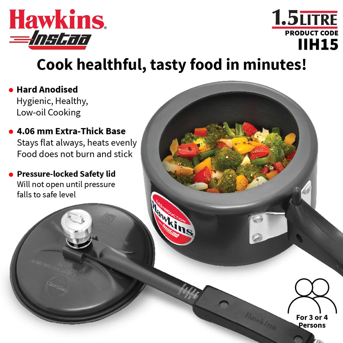 Hawkins 1.5 Litre Instaa Pressure Cooker, Induction Inner Lid Cooker, Tall Body Hard Anodised Baby Cooker, Black (IIH15) 1.5 Litres