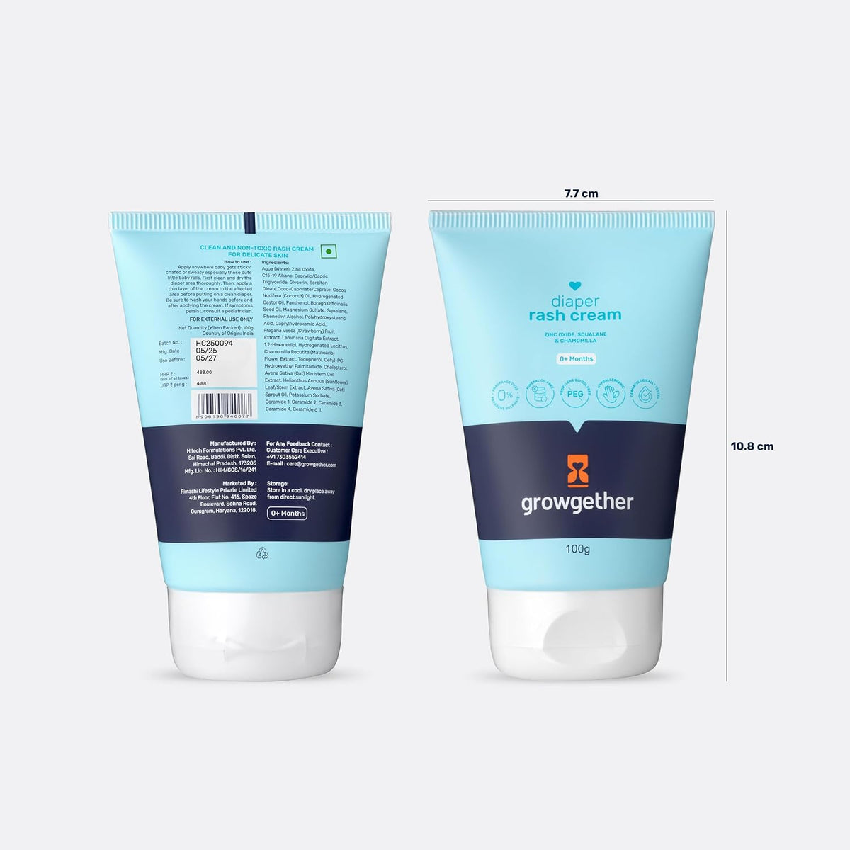 Growgether Baby Diaper Rash Cream | 3-in-1 Daily Protection with Zinc Oxide, Squalane & Chamomile, Hypoallergenic, Free from Parabens & Dyes, Fragrance-Free, No