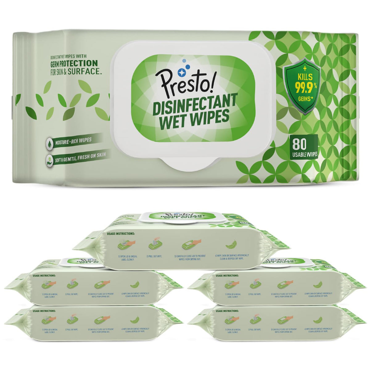 Amazon Brand - Presto! Disinfectant Wet Wipes With Lid | 480 Count | (80 Counts x Pack of 6) | Germ Protection for Skin and Surface 80 count (Pack of 6)
