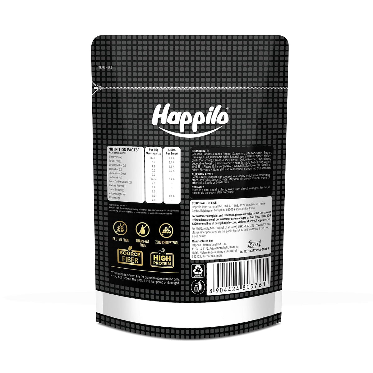 Happilo Salted Black Pepper Whole Cashews 160g|Crunchy Nuts|Non-Fried|Zero Cholesterol Natural Jumbo Size Whole Kaju Nuts & Dry Fruits|Rich in Protein, Roasted