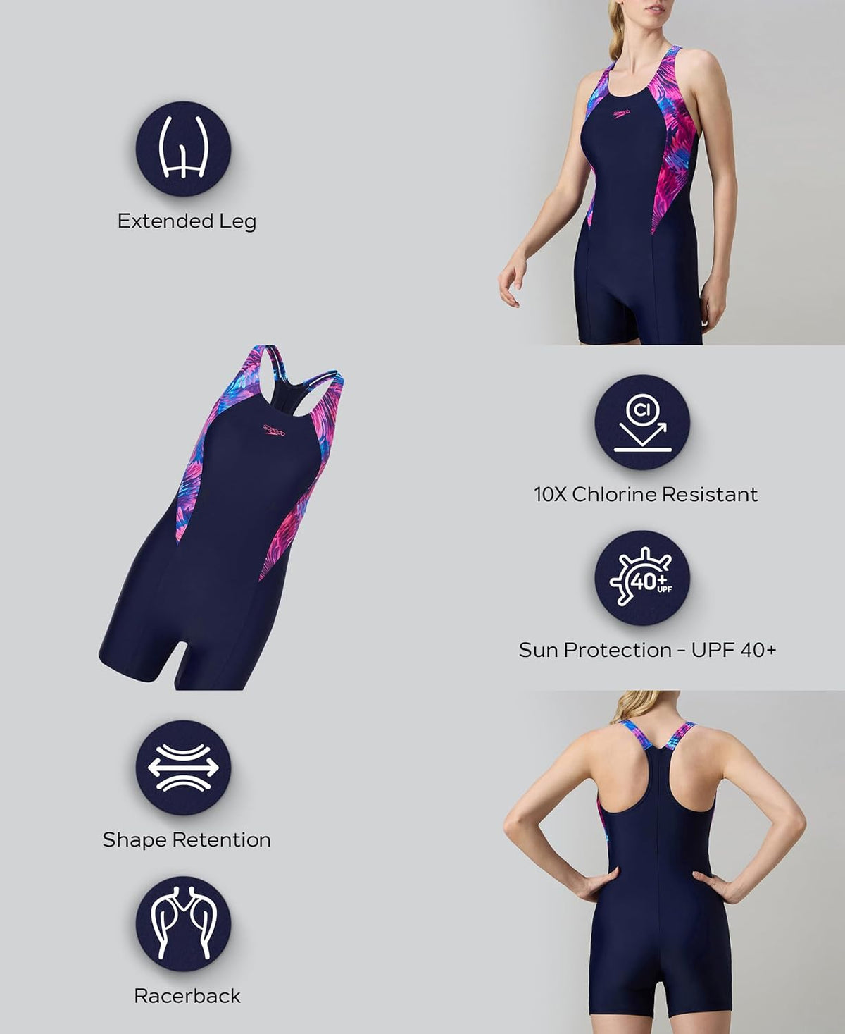 Speedo Women's Endurance10 Splice Print Racerback Legsuit | Swimming Costume | Swimming Suit for Women | Chlorine Resistance | UPF 40+ Sun Protection | Removabl