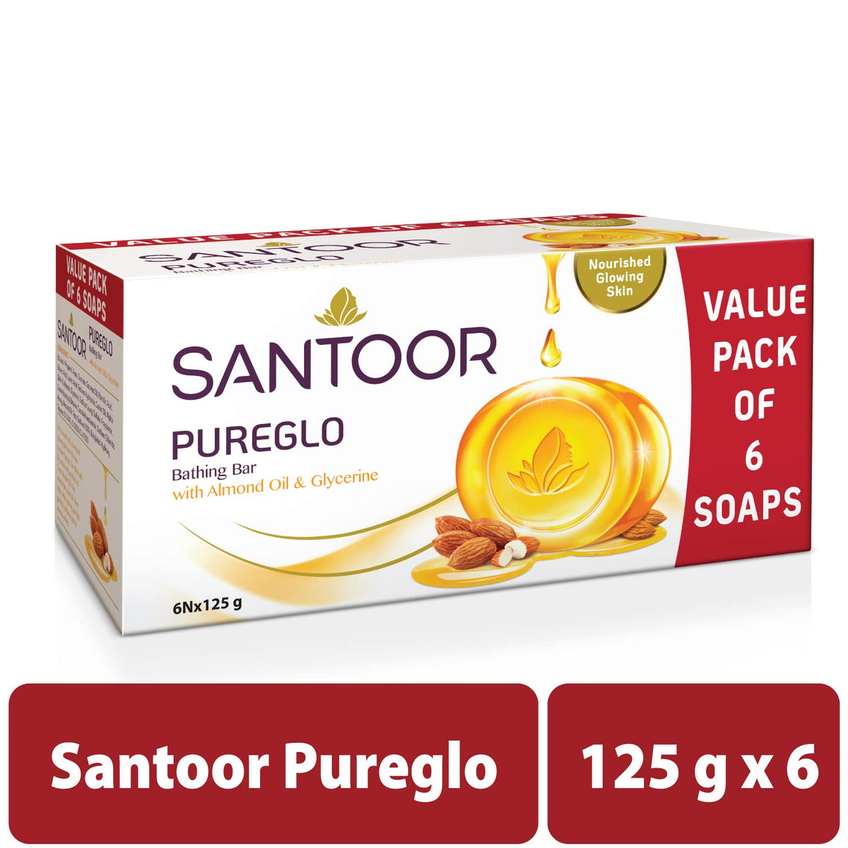 Santoor PureGlo Glycerine Bath Soap with Almond Oil for moisturized, nourished and shining Skin, Combo Offer 125g Pack of 12