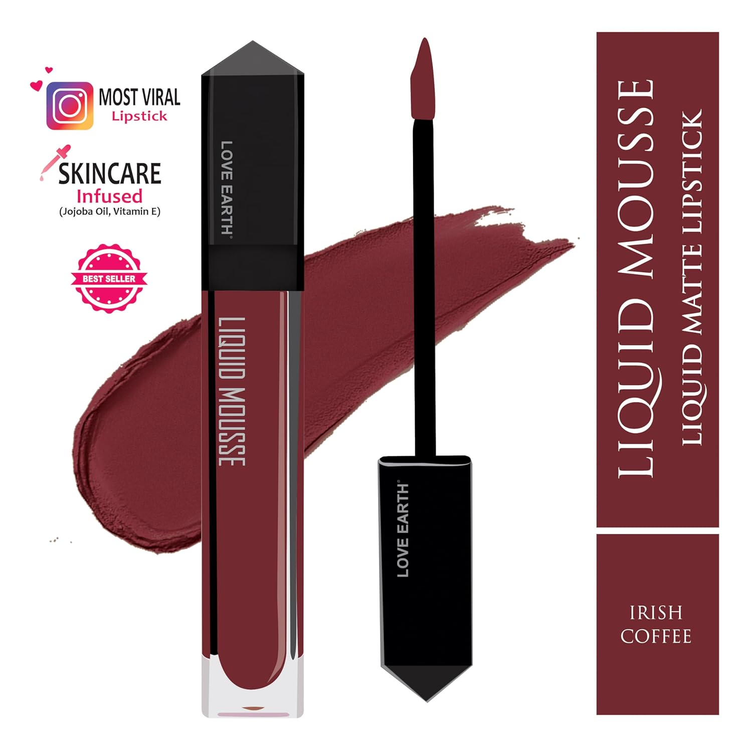 Love Earth Liquid Mousse Lipstick - Matte Finish | Lightweight, Non-Sticky, Non-Drying,Transferproof, Waterproof | Lasts Up To 12 Hours With Vitamin E And Jojoba Oil - (6 ml (Pack Of 1) Irish Coffee)