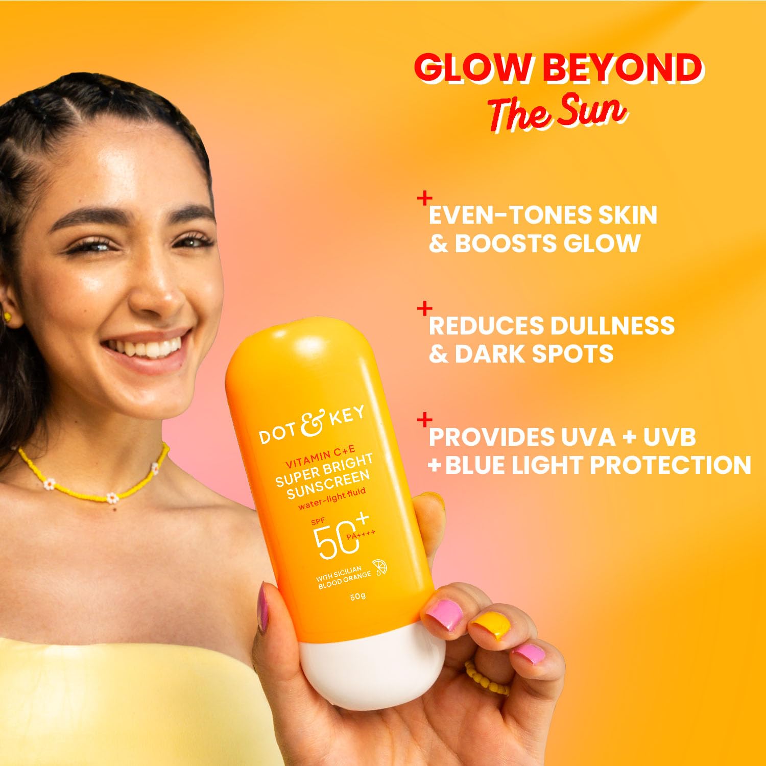 Dot & Key Vitamin C + E Super Bright Sunscreen In-Vivo Tested SPF 50+ PA++++ With New-Age UV Filters, Water-Light Fluid, Boosts Glow, Reduces Dullness & Dark Spots, Checks Tanning, No White Cast | 80G,Pack Of 1