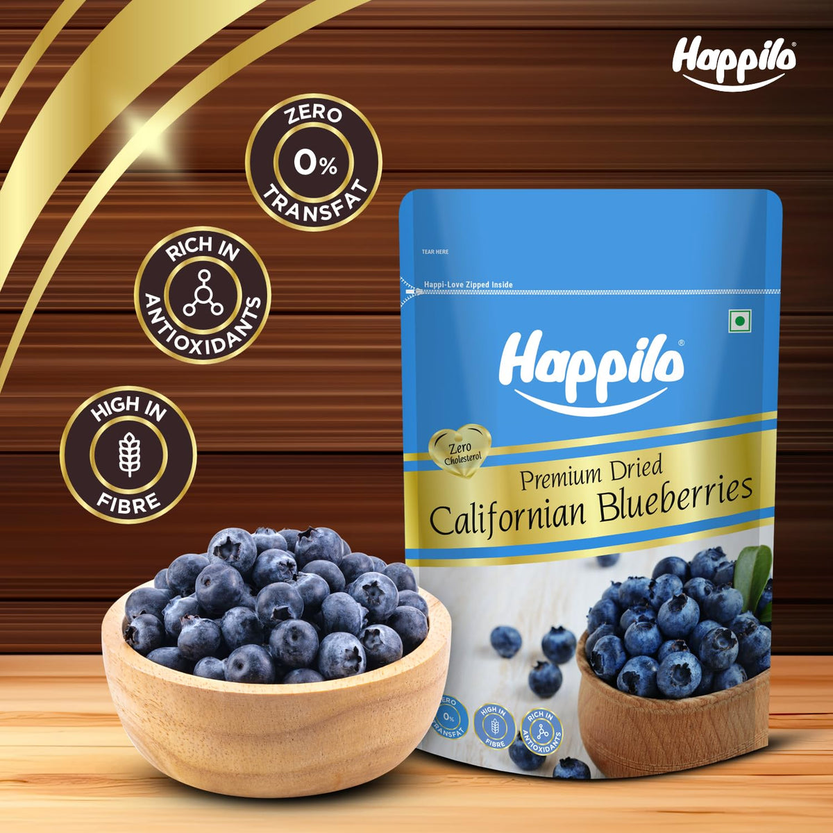 Happilo Premium Dried Californian Blueberries 150 g (Pack of 1) | Rich in Calcium and Vitamin K | Non-GMO & No Preservatives | Ideal For Snacking