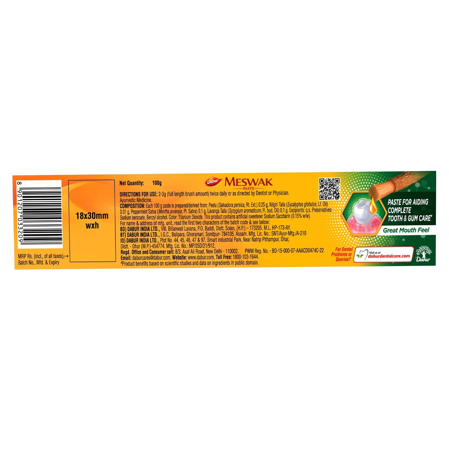 Dabur Meswak Complete Oral Care Toothpaste - 100g| For Tooth Decay Prevention, Stain Removal, Cavity Protection, Tartar Control, Gum Protection, Plaque Removal, Anti-Bacterial