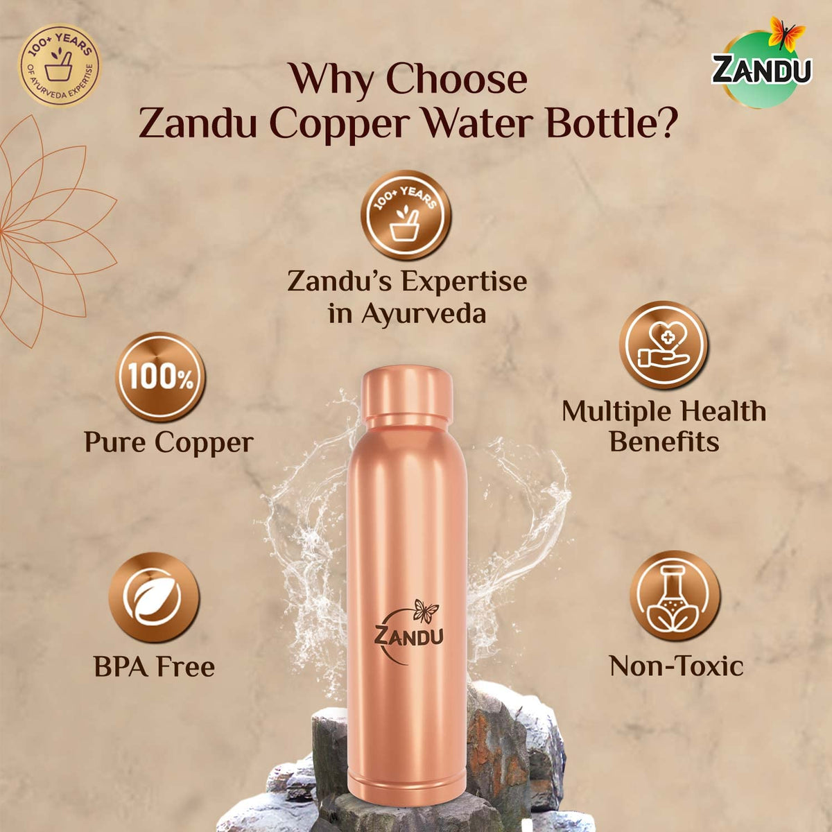 Zandu Copper Bottle (950ml): 100% Pure BPA-Free Water Bottle | Copper-Infused Water | Leak Proof | Office Use | Boosts Immunity | Supports Digestive & Liver Hea