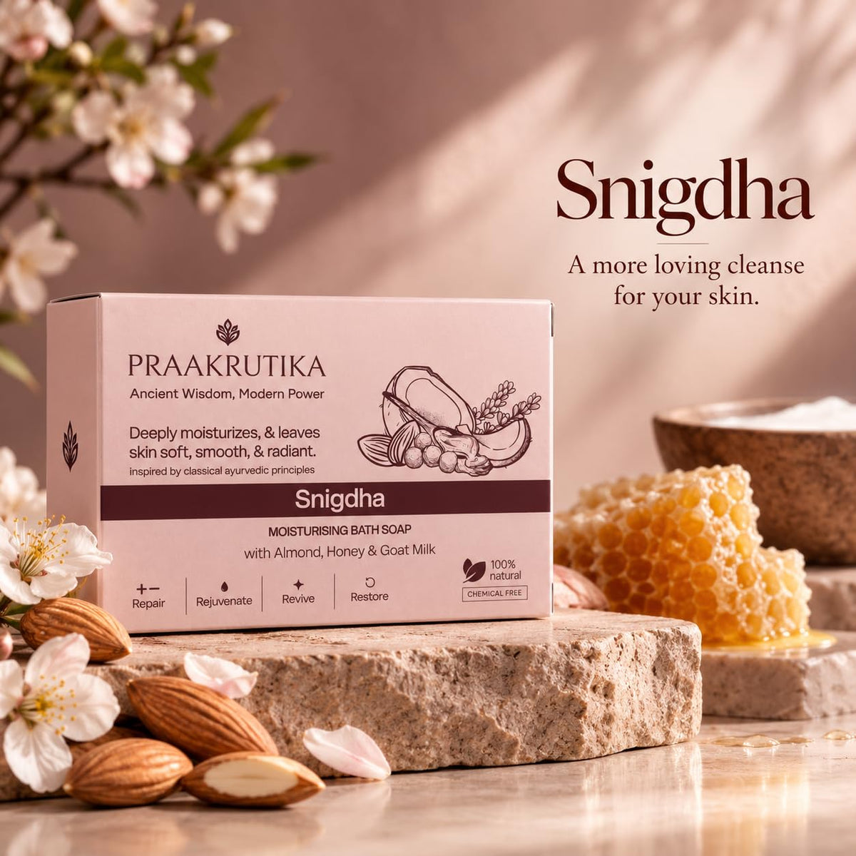 Snigdha Natural Moisturising Bath Soap with Almond, Honey, Goat Milk, Shea Butter & Kesar - 100% Chemical Free Ayurvedic Organic Soap for Dry Skin & Glowing Rad