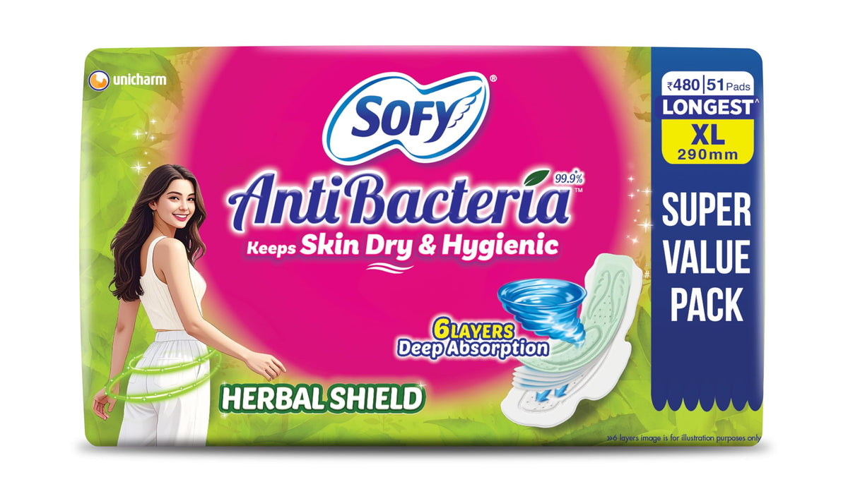 Sofy AntiBacteria XL - 290mm | 51 Count pads | For Women Sanitary Pads | Keep Skin Dry | 6 Layer Deep Absorption | Herbal Shield | Hygiene & Herbs | X-Large One