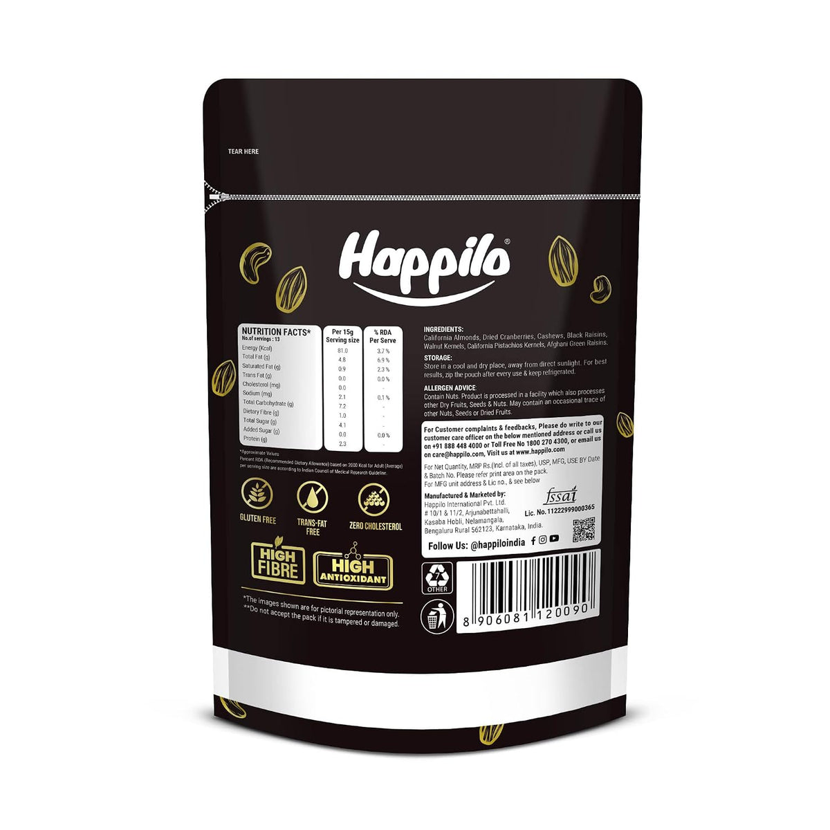 Happilo Premium International Healthy Nutmix, 200g | 7 Superfoods in 1 Mixes | Dry Fruits Contains Almonds, Cashews, Walnuts, Pistachios, Cranberries, Green & B