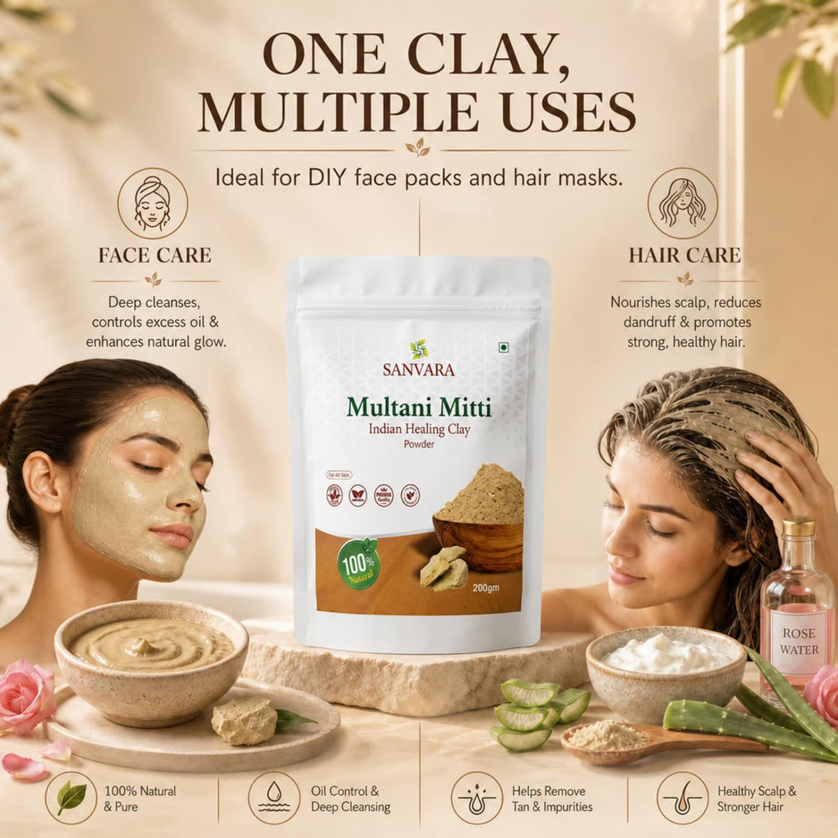 SANVARA Multani Mitti Powder 200g | 100% Pure Fuller’s Earth Powder for Face & Hair Care | Natural Clay Face Pack | Helps Remove Excess Oil & Impurities | For S