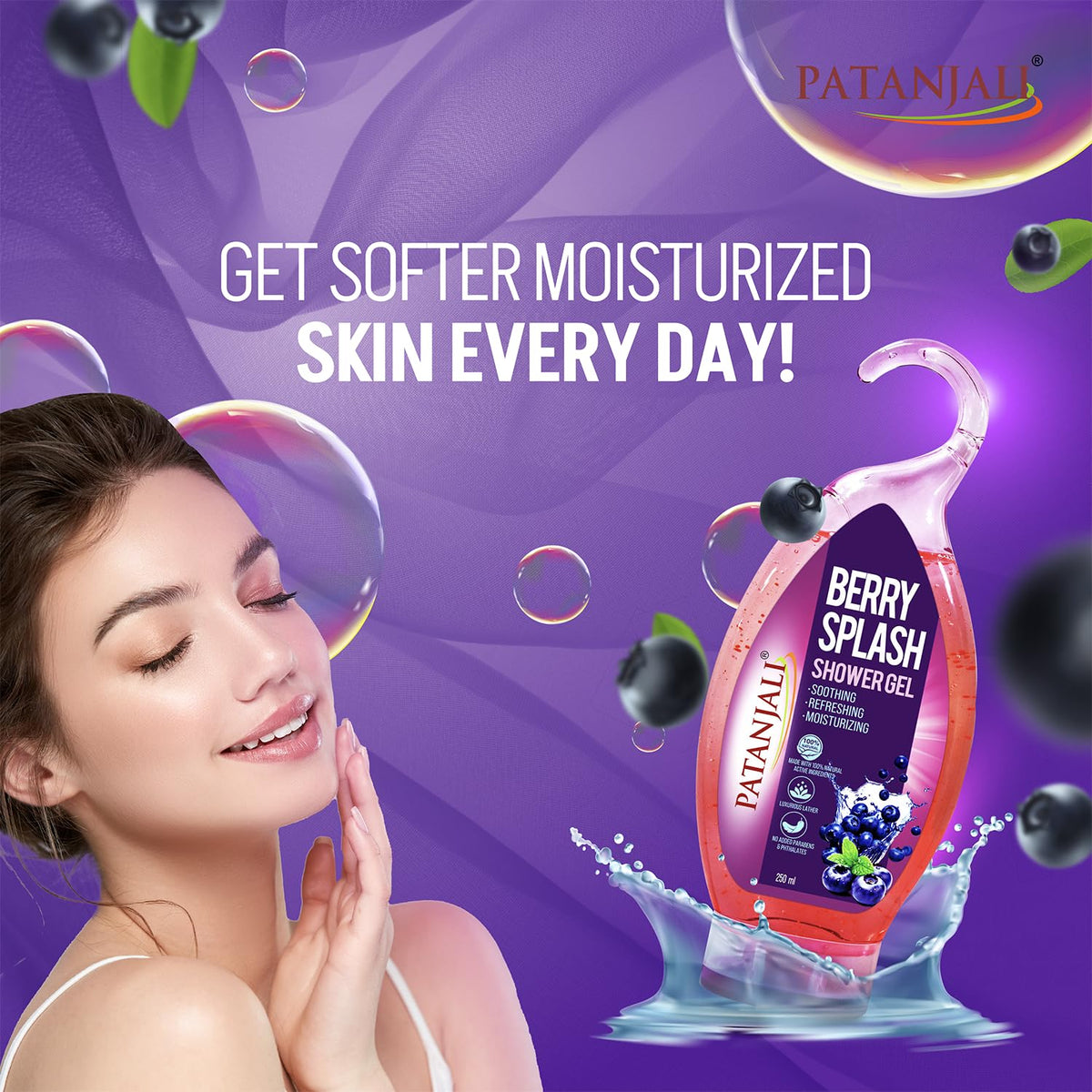 Patanjali Berry Splash Shower Gel with Aloe Vera 250ml (Pack of 3), for Refreshing Cleanse and Skin Hydration with Natural Ingredients