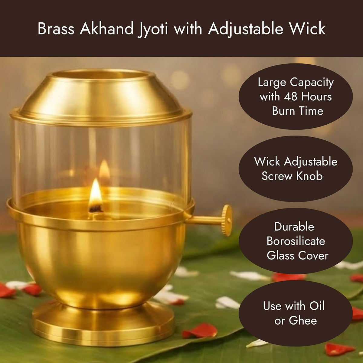 ServDharm Brass Akhand Diya with Adjustable Bati for Puja, Wick Adjustment Screw Knob and Borosilicate Glass Cover I Large, 250 ml Oil Capacity, Long Lasting 48