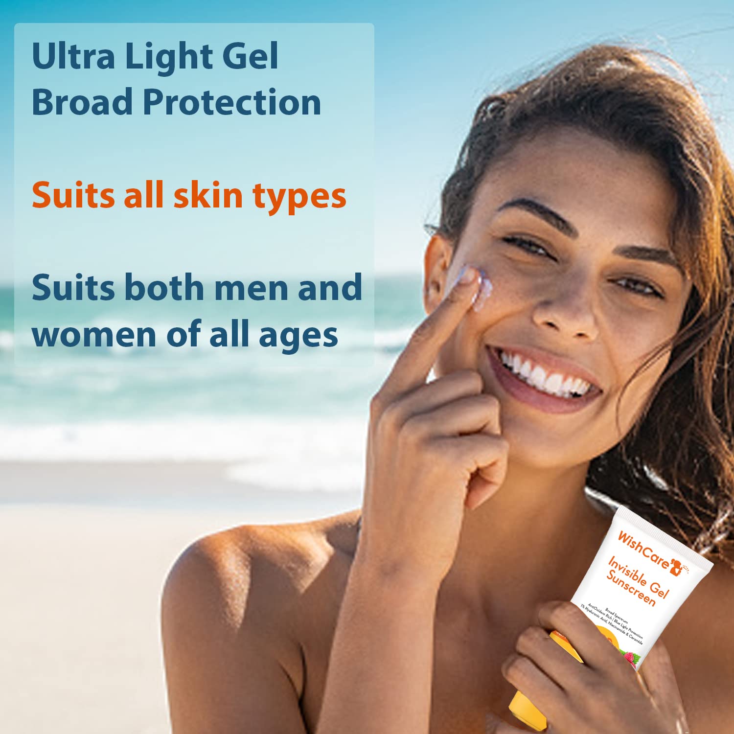 WishCare Invisible Gel Sunscreen SPF 50+ PA++++ For Oily and Dry skin - Light Weight Oil Free Gel Sunscreen 50g