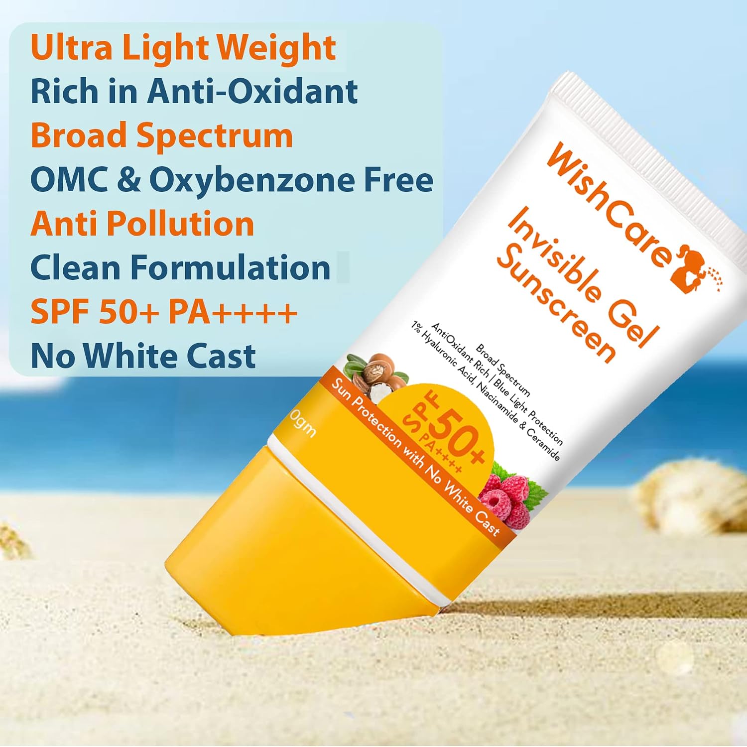 WishCare Invisible Gel Sunscreen SPF 50+ PA++++ For Oily and Dry skin - Light Weight Oil Free Gel Sunscreen 50g