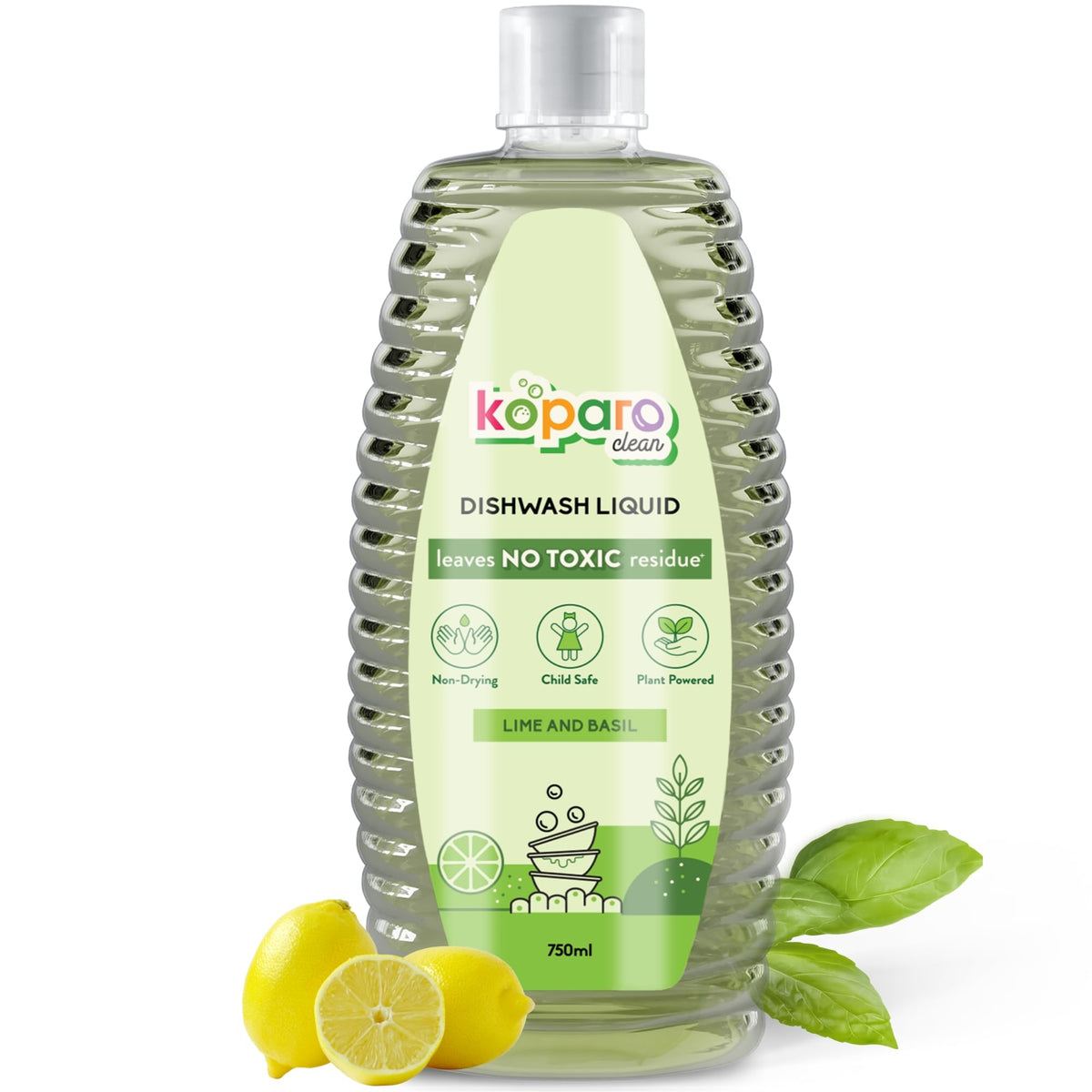 Koparo Organic Dishwash Liquid | 750ml | Lime And Basil Fragrance | Natural, Plant Based & Eco-Friendly | Removes Tough Grease, Soft on Hands | Baby & Pet Safe