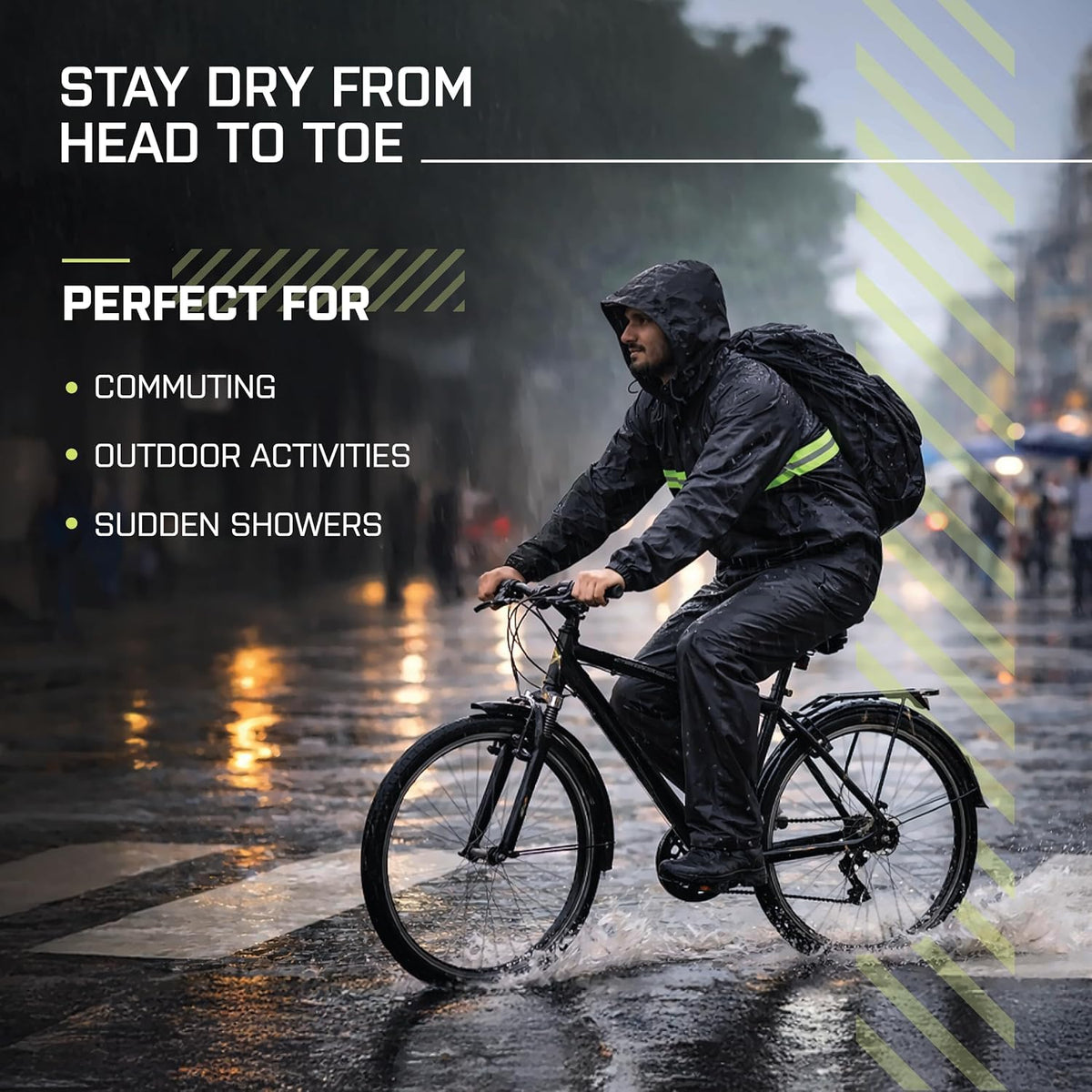 Robustt Oxford Rain Suit for Men and Women | Size-XL to XXL | Black | Rain Coat and Pants Set | Reflective Strips for Night Safety | Adjustable Hood, Waterproof