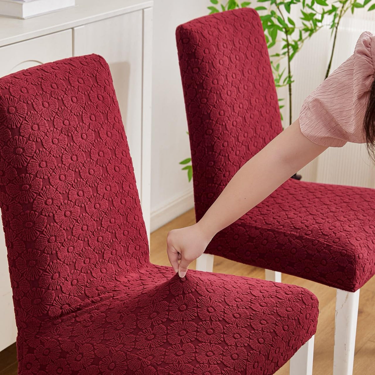 HOMETHREADS Elastic Jacquard Chair Cover Stretch Removable Washable Short Dining Chair Cover Protector Seat Slipcover (D_Maroon, Pack of 1) D_Maroon Pack of 1