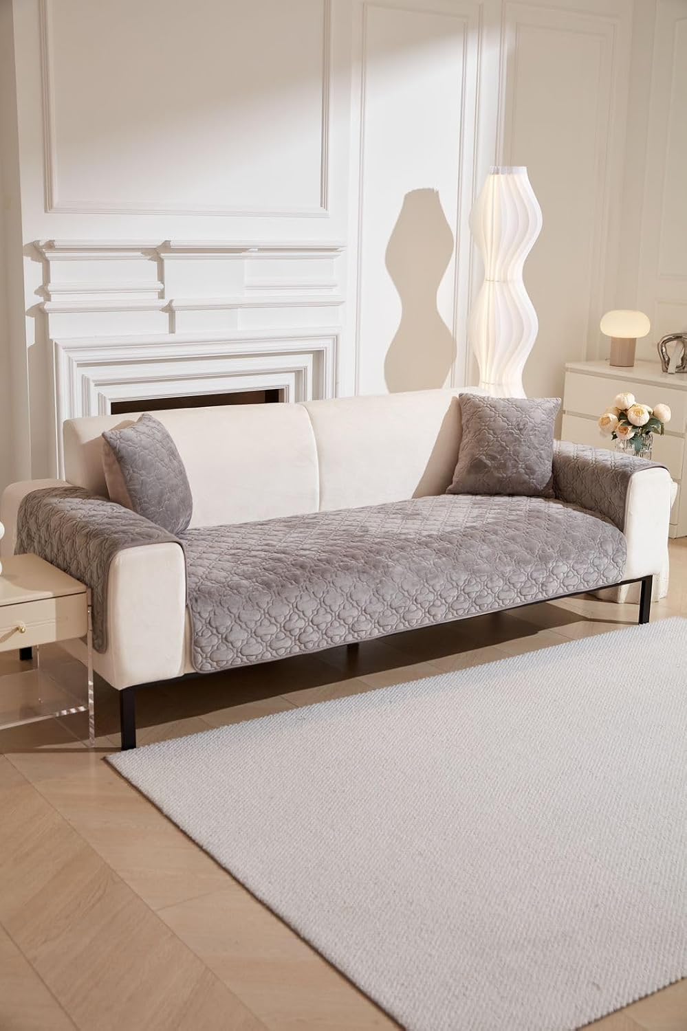HOMETHREADS Innovative Premium Velvet Sofa Cover Mat with PVC Backing for Non-Slip Comfort | (Light Grey_Clubs, 5 Seater | 70x230cm)