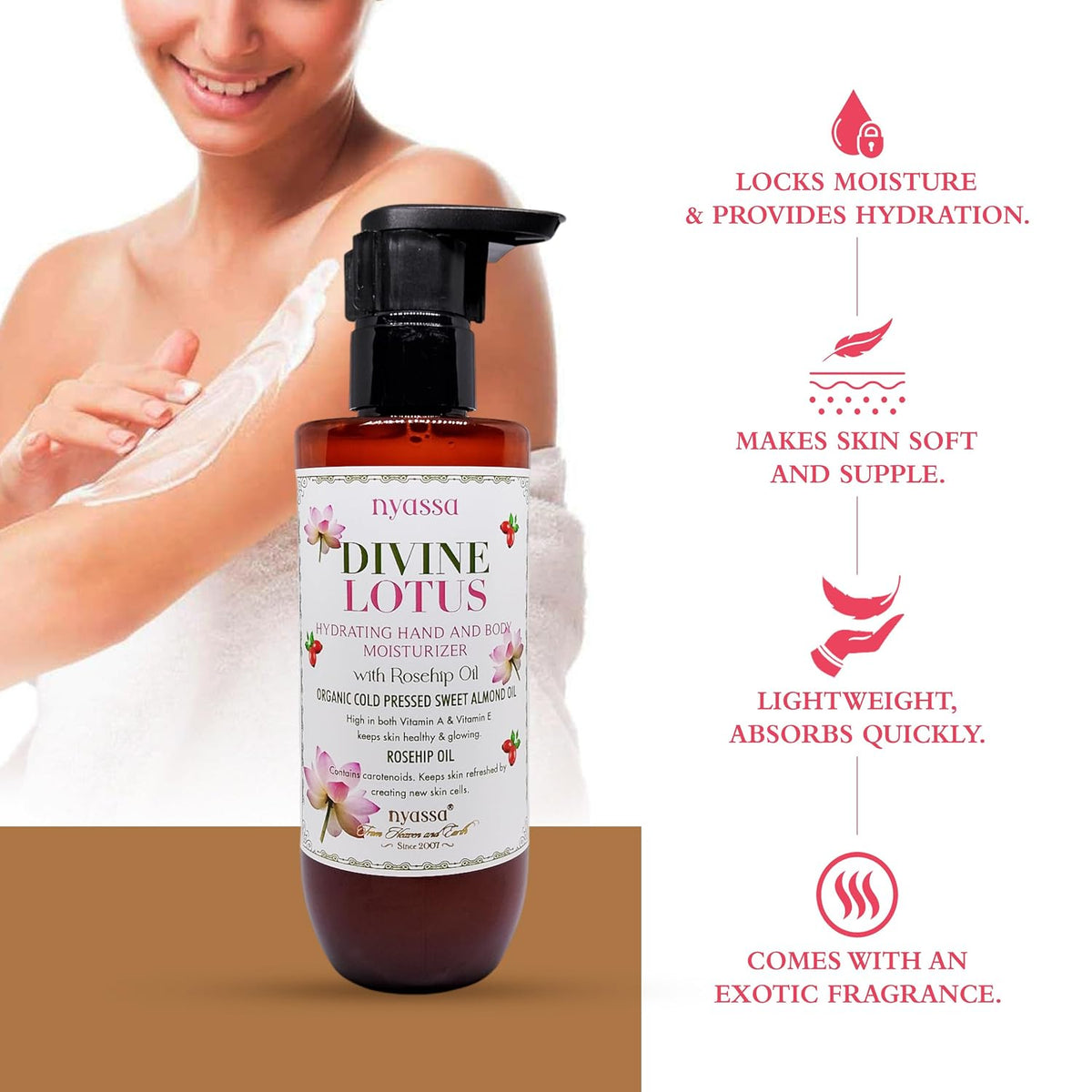 Nyassa Divine Lotus Hydrating Hand and Body Moisturizer with Rosehip Oil & Organic Sweet Almond Oil |For skin healthy & glowing | No Parabens, Sulphates, Vegeta