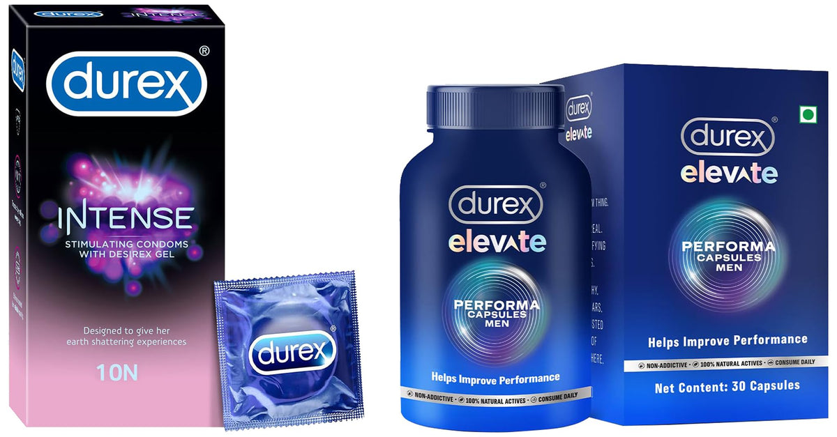 Durex Elevate Performa Shilajit Capsules For Men With Intense Condoms For Her - 10 Count | Dotted And Ribbed Condom With Desirex Gel