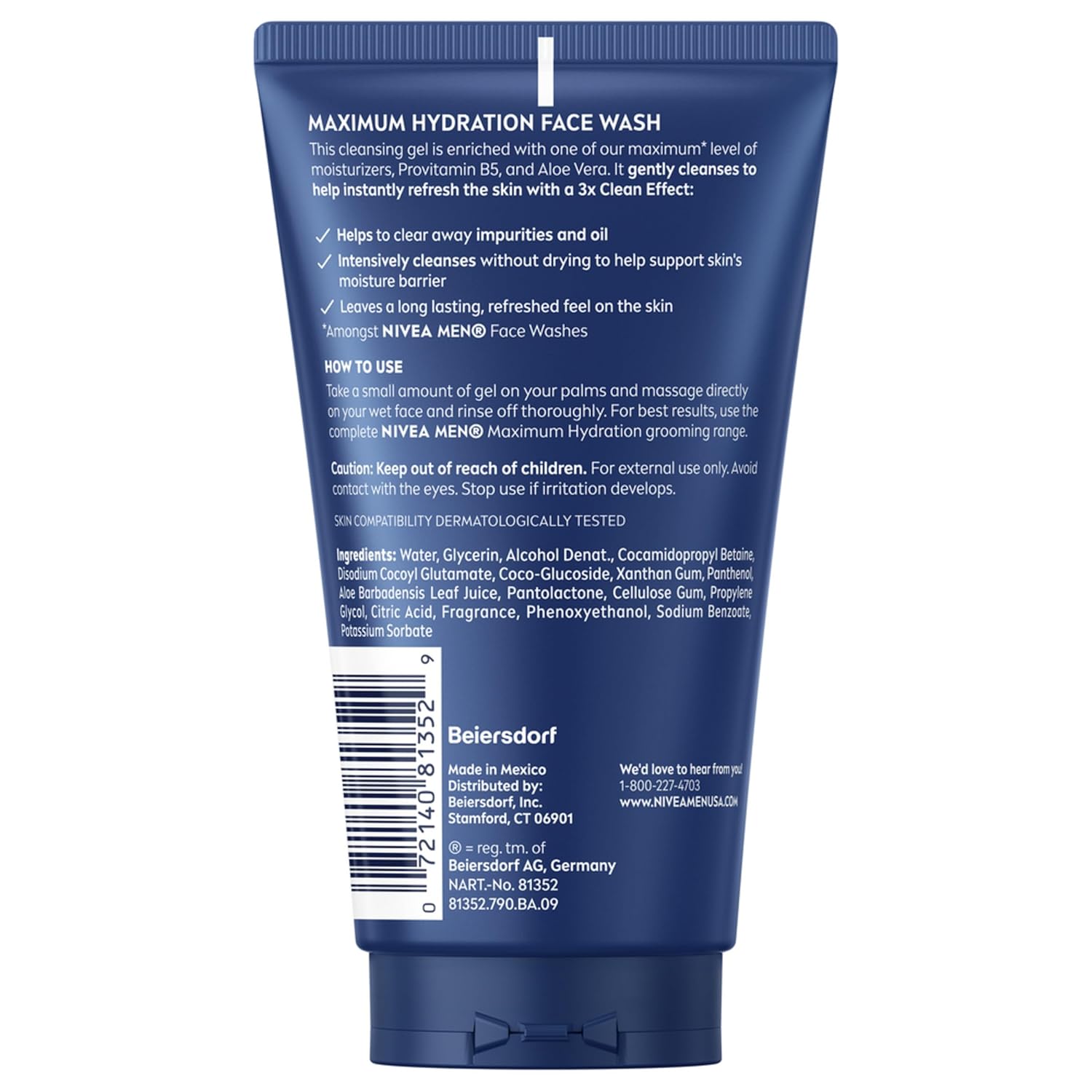 NIVEA MEN Maximum Hydration Face Wash, Face Wash with Provitamin B5 and Aloe Vera, Refreshes and Cleanses without Drying, 5 Fl Oz Tube