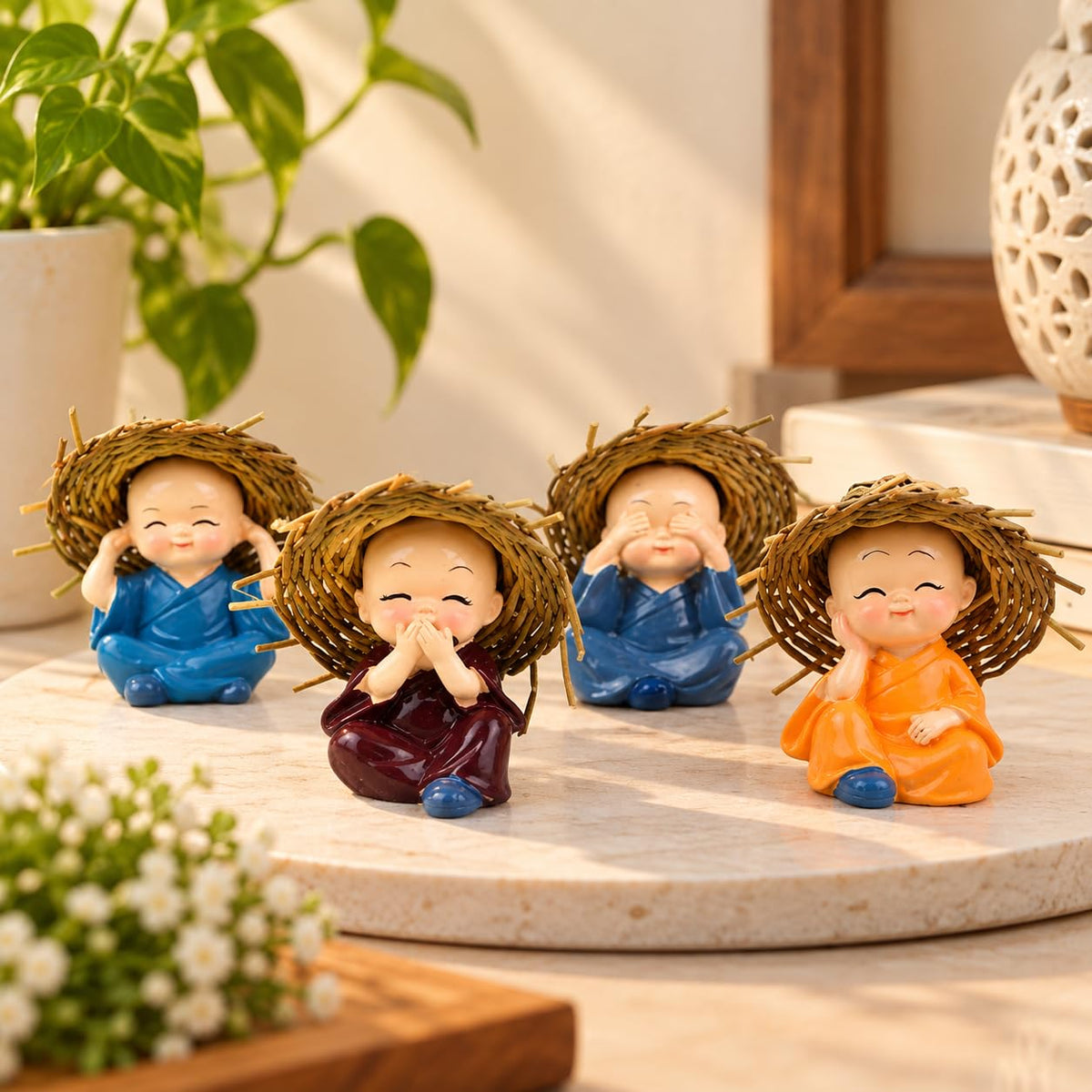 eCraftIndia Resin Set of 4 Little Monk Buddha Statue Think No Evil Speak No Evil Hear No Evil See No Evil Showpiece for Home Decor Living Room Office| Diwali Ho