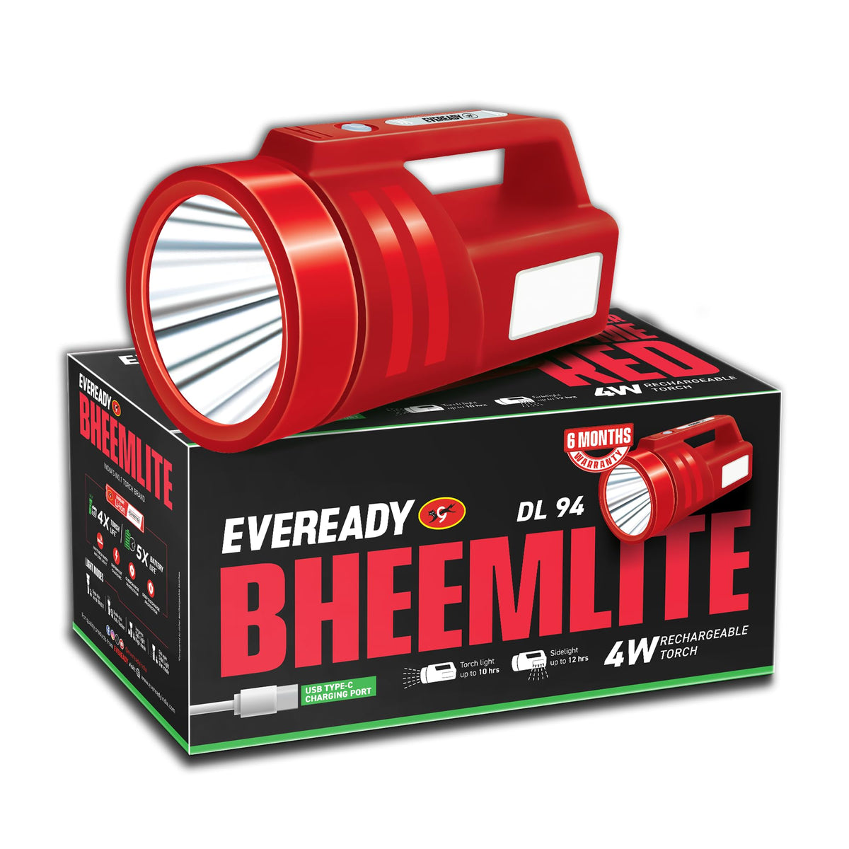 Eveready Bheemlite DL94 Rechargeable LED Torch & Sidelight, USB-C, 4 Modes