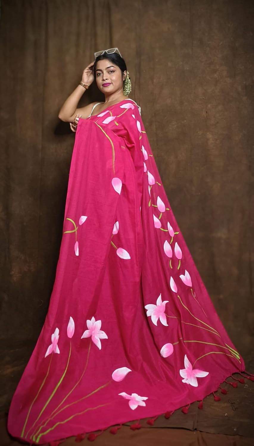 Hand Painted Pure Khadi Cotton Saree, Purple with Lotus Design Rani