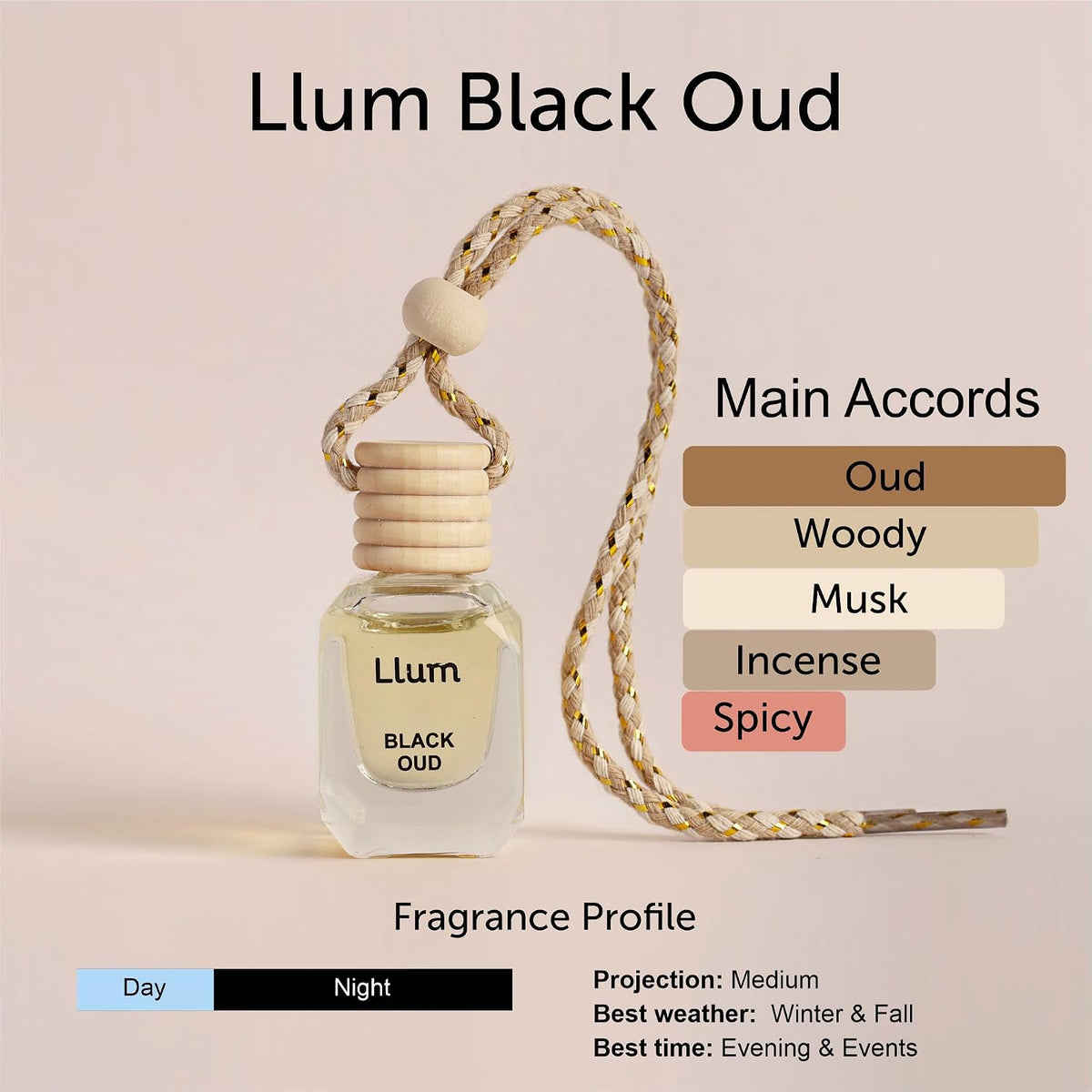 Llum Black Oud Hanging Car Air Freshener (10 ml) - Luxury, Alcohol-Free & Non-Toxic Scent| Premium Interior Perfume Accessory| Fragrance up to 35 Days Without A
