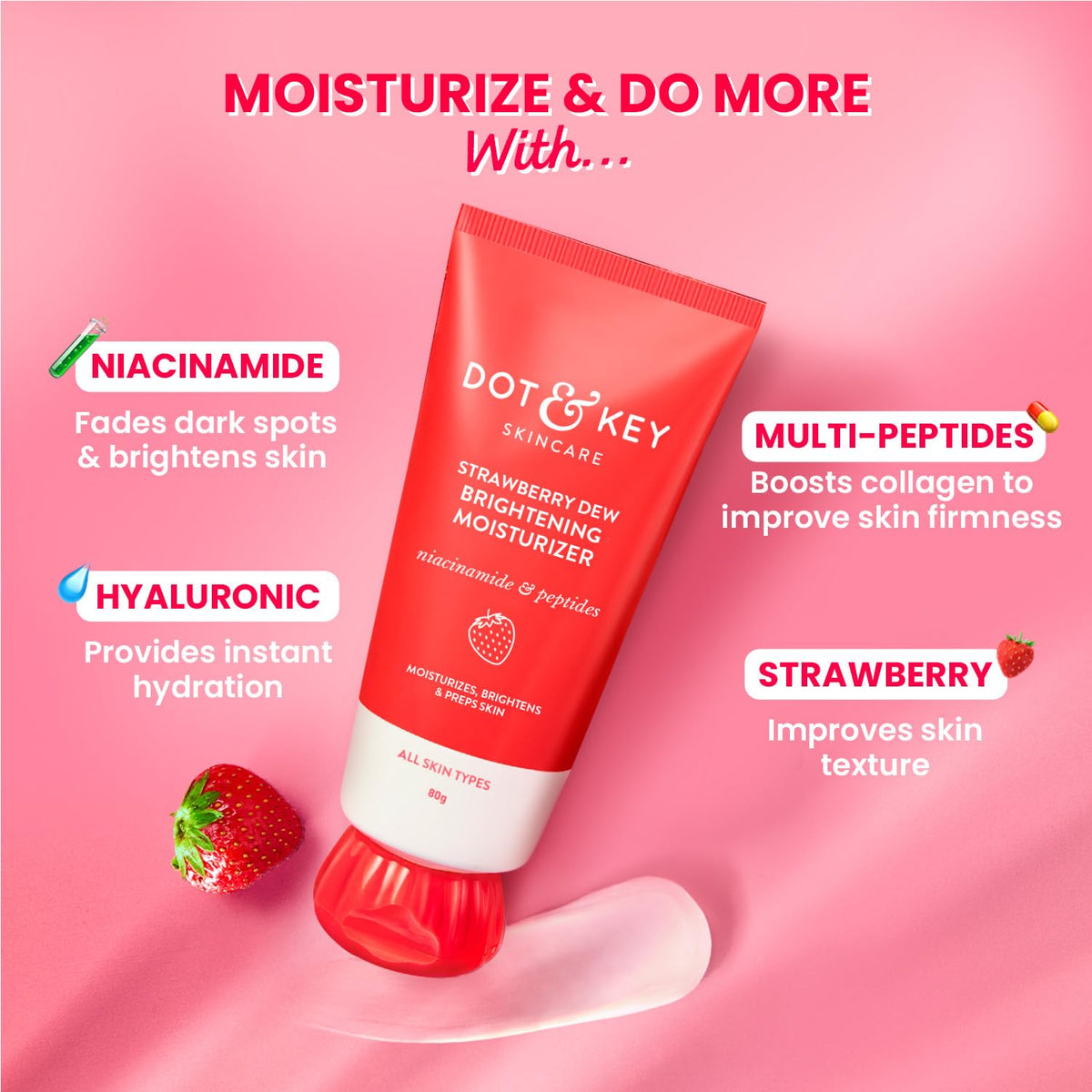 Dot & Key Strawberry Brightening Moisturizer | Niacinamide, Peptides & Hyaluronic Acid, Non-sticky, Brightens Skin, Intense Moisturization | Non-Comedogenic & F