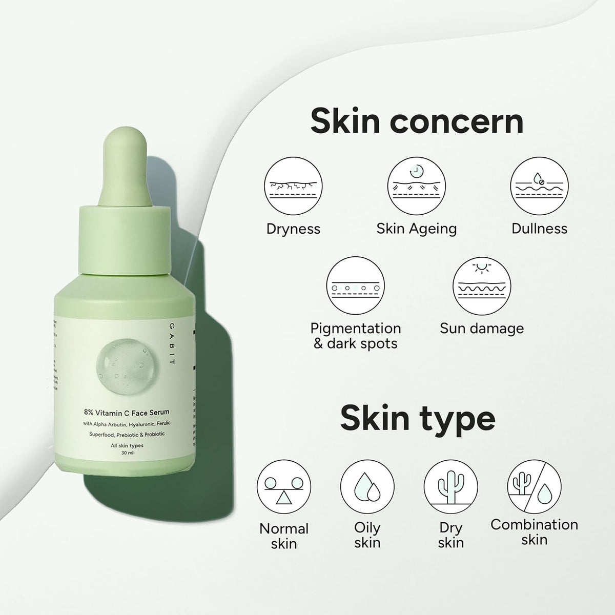 Gabit 8% Vitamin C Face Serum for Glowing Skin | Brightening Serum for Dark Spots, Tanned & Dull Skin; Hydrates | Alpha Arbutin, Hyaluronic, Ferulic, CiCa, Preb