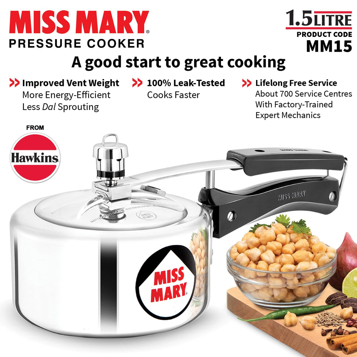 Hawkins 1.5 Litre Miss Mary Pressure Cooker, Small Inner Lid Baby Cooker, Silver (MM15) 1.5 Litres