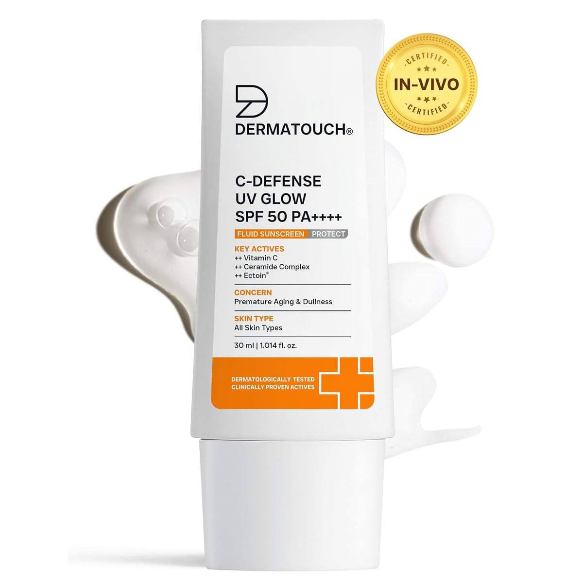 DERMATOUCH C-Defense SPF 50 PA++++ Fluid Sunscreen with Vitamin C & Ceramides | Broad Spectrum | For Premature Aging, Dullness & Sunburn | Zero White Cast | Lig