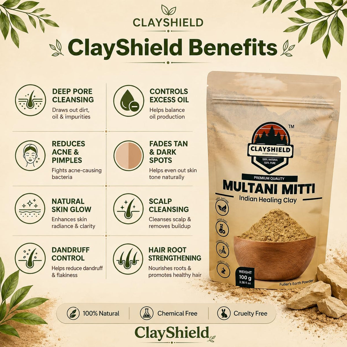 100% Pure Multani Mitti Powder 200g with Free Wooden Brush | Fuller's Earth Face Pack | Deep Cleansing, Oil Control & Natural Glow | Ayurvedic Skincare for All