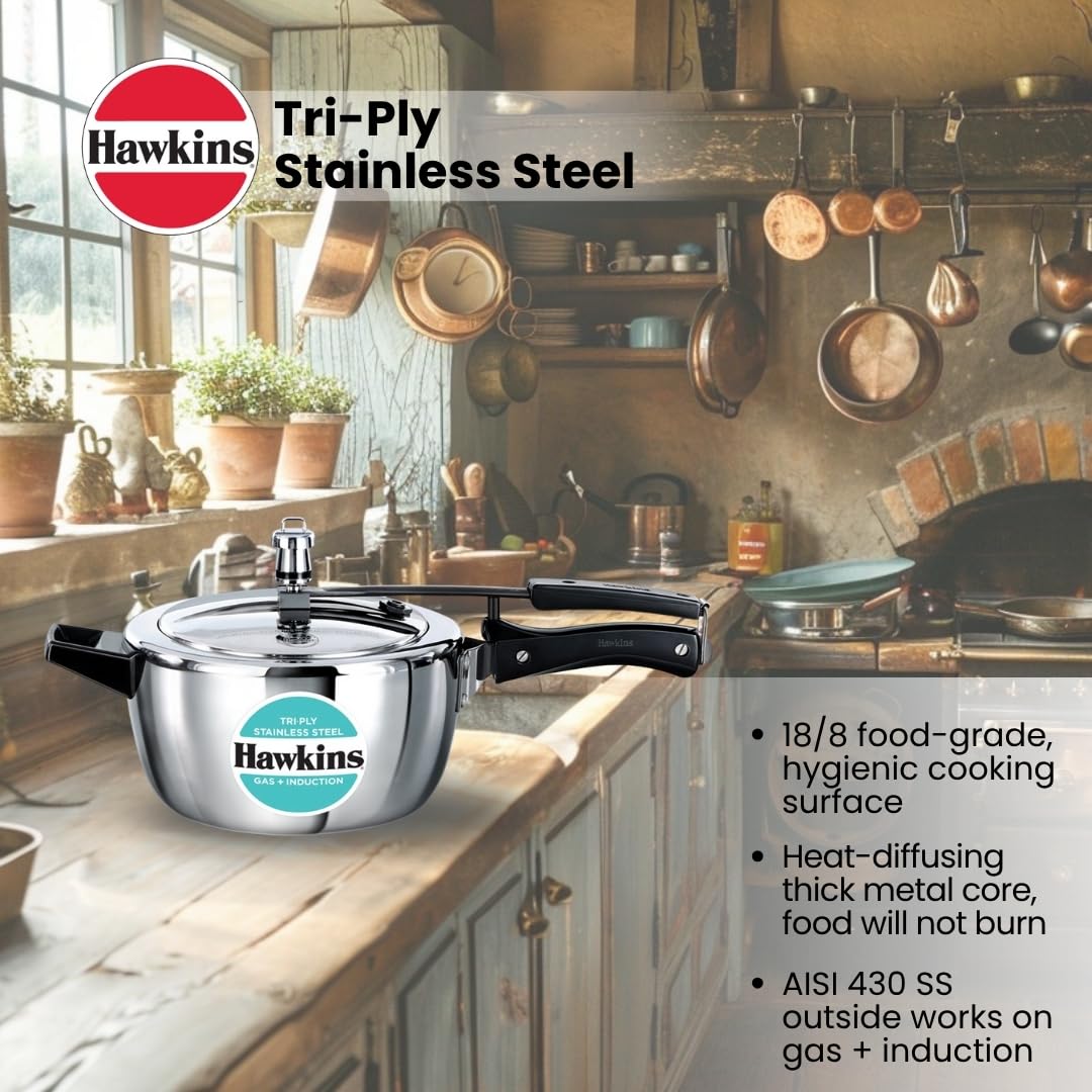 Hawkins 1.5 Litre Triply Stainless Steel Pressure Cooker, Inner Lid Induction Baby Cooker, Silver (HSST15) 1.5 Litres