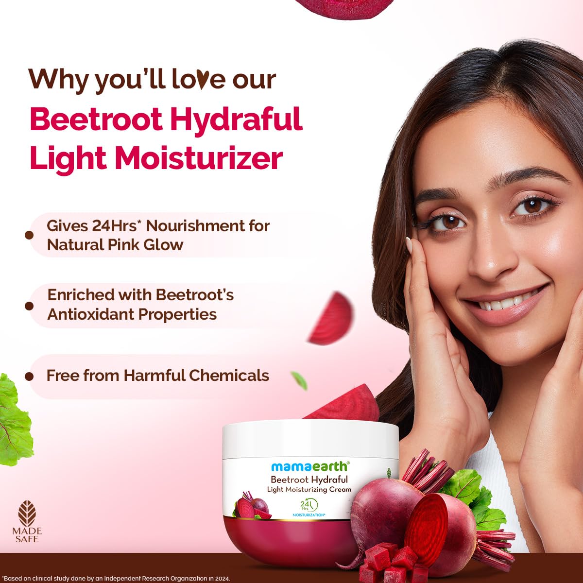 Mamaearth Beetroot Hydraful Light Moisturizing Cream with Beetroot & Hyaluronic Acid | For Hydrated Pink Glow | For Face, Hand & Body | 24-H Moisturization | Qu