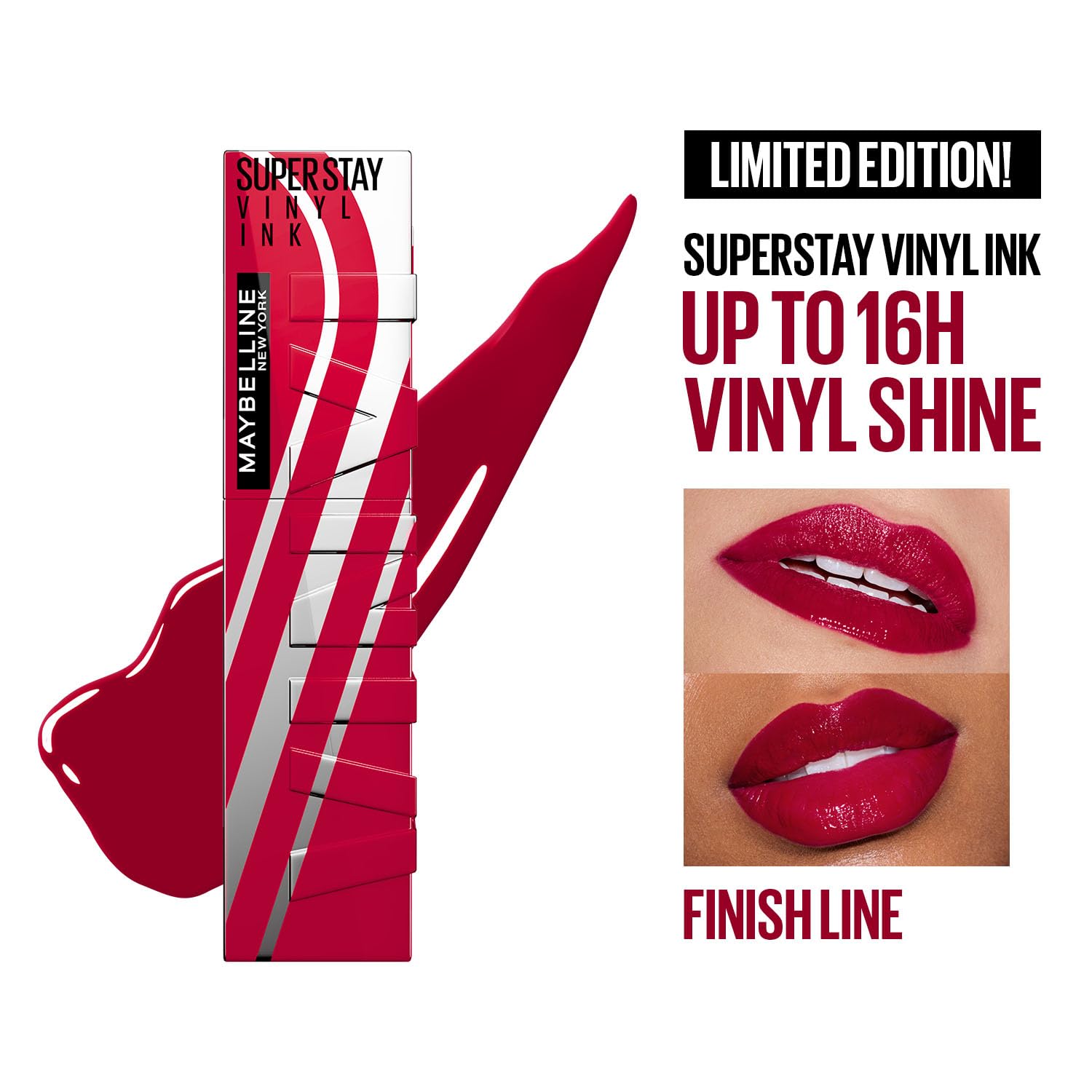Maybelline Super Stay Vinyl Ink High Shine Racing Liquid Lipstick | 16HR Transferproof | Helmet-proof, wind-proof, sweat-proof - Finish Line, 4.2ml