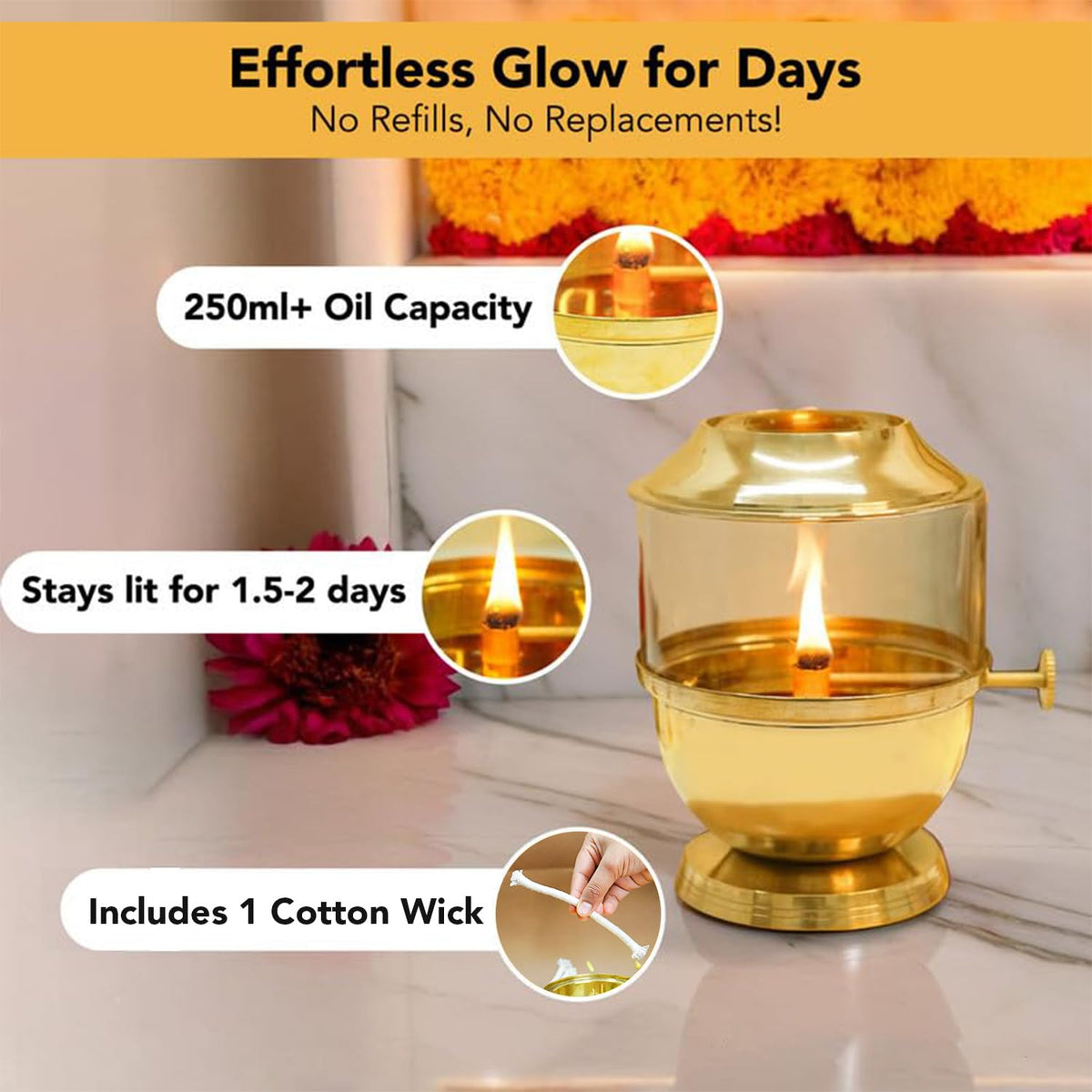Ekhasa 100% Pure Brass Akhand Jyot Diya with Adjustable Bati Knob, Wick Lifting Screw Lever, Glass Cover (Large Size, 250 ml Oil Capacity, Stay Lit for 48 Hours