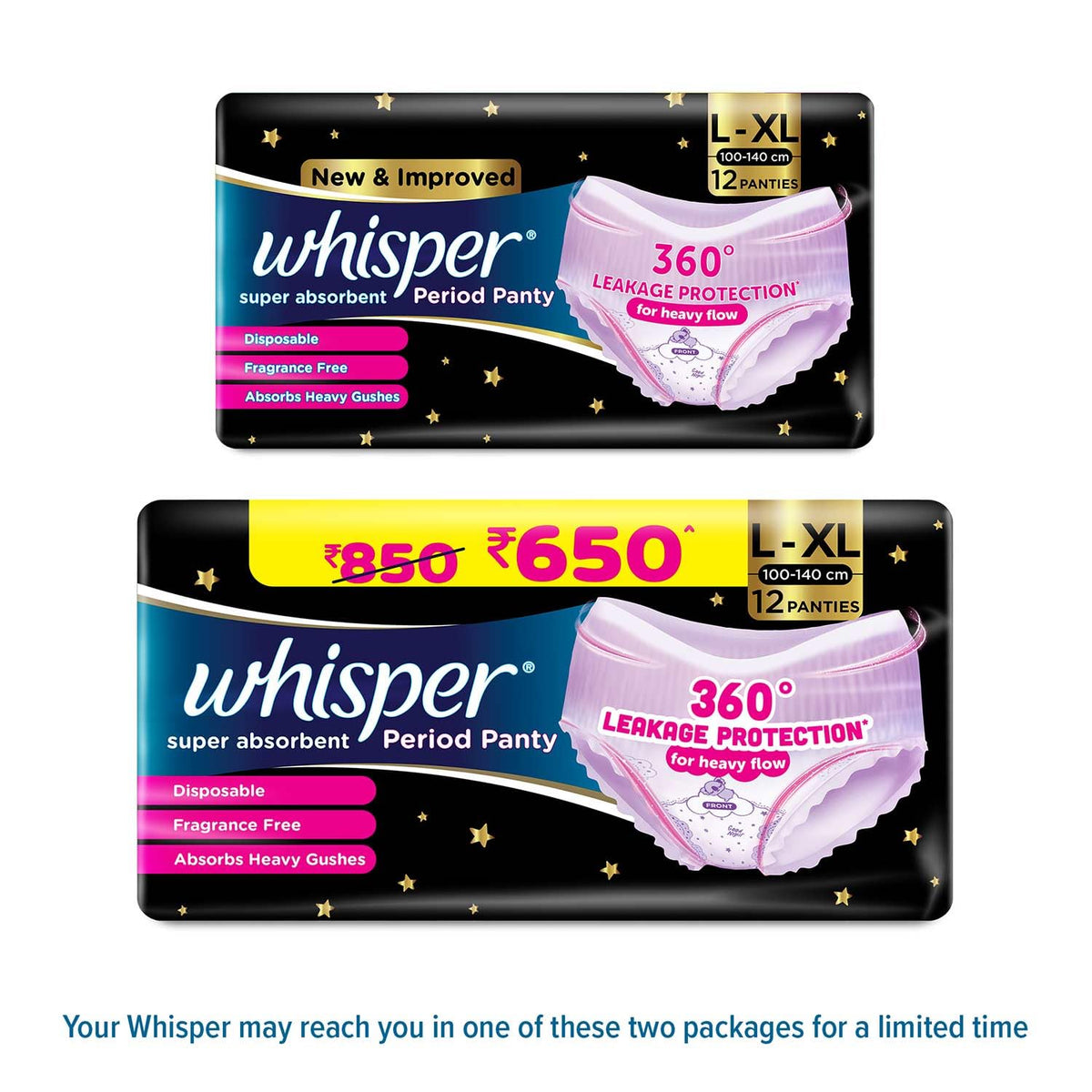 Whisper Super Absorbent Period Panty, 12 L-XL Pants, 360 Degree Leakage Protection* for Heavy Flow, Panty like Fit, Full back Coverage, Absorbs Heavy Gushes, Si