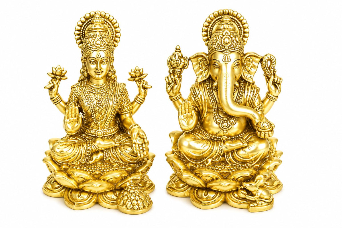 ARC Modern Antique Finish Brass Ganesha Lakshmi Idol Set | Handcrafted Ganpati & Laxmi MATA Murti for Home Temple, Pooja Room & Office Decor | Hindu God Statue