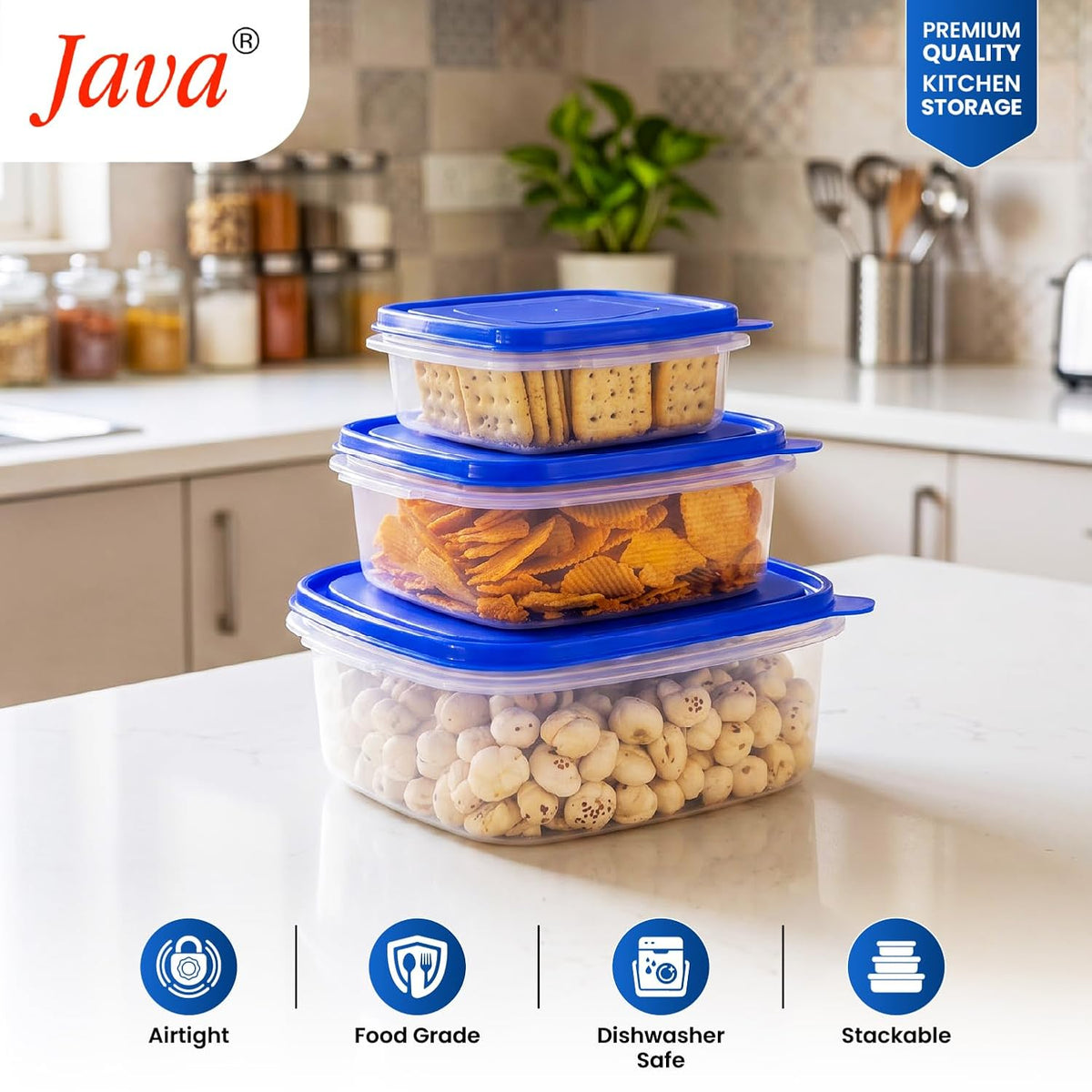 Java Airtight Leak Proof Food Storage Containers, Set of 3-600ml, 1.4L 3L